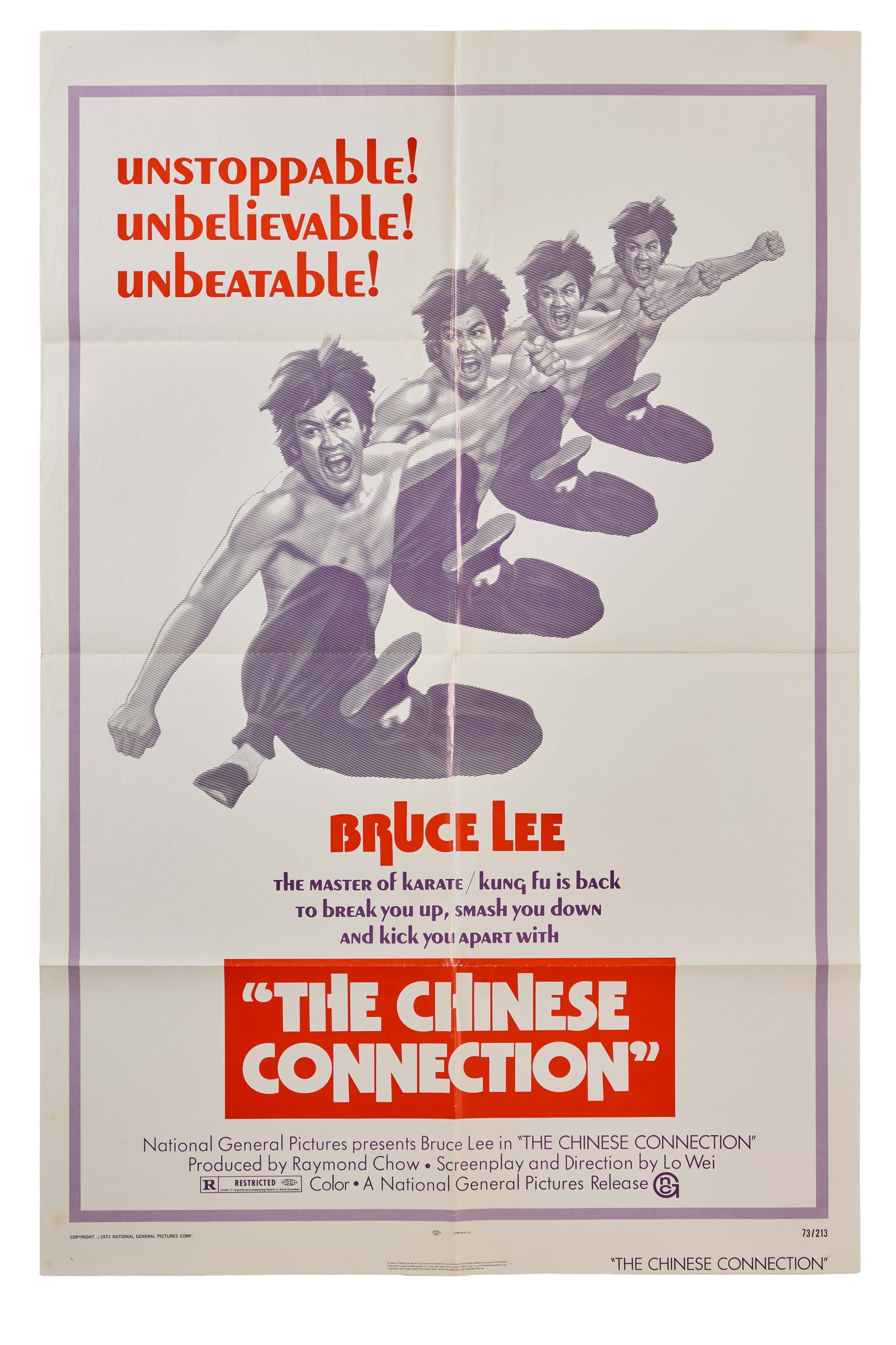 Bruce Lee | "The Chinese Connection" Poster: An original, folded, one-sheet poster for the Bruce Lee film The Chinese Connection (Golden Harvest, 1972), the film commonly known today as Fist of Fury. One of Bruce Lee's other films, The