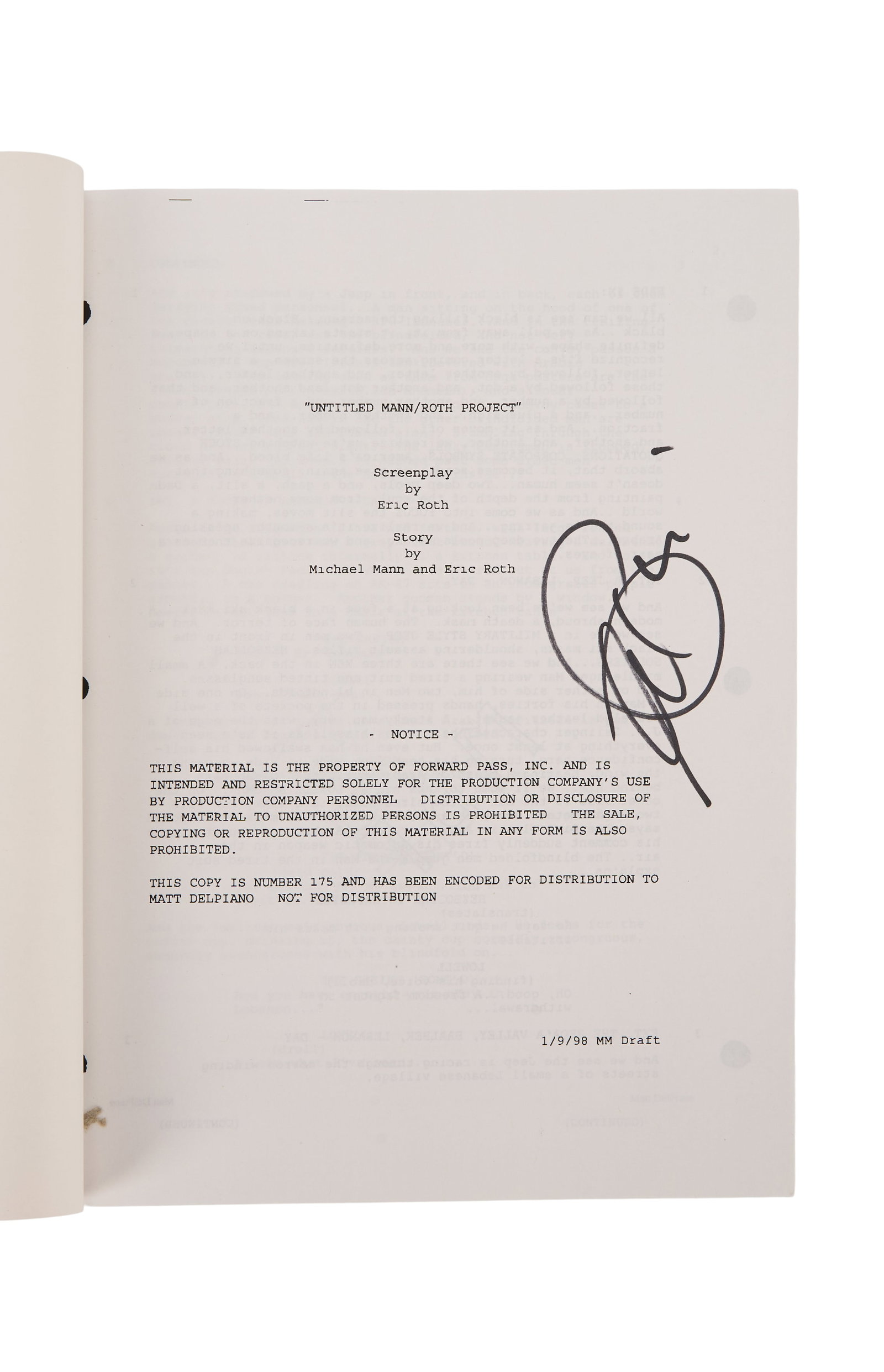Al Pacino | Signed "The Insider" Screenplay: An original production script for The Insider (Buena Vista, 1999), signed by the star of the film, the inimitable Al Pacino. The script is a soft-bound copy with a branded CAA (Creative Artists