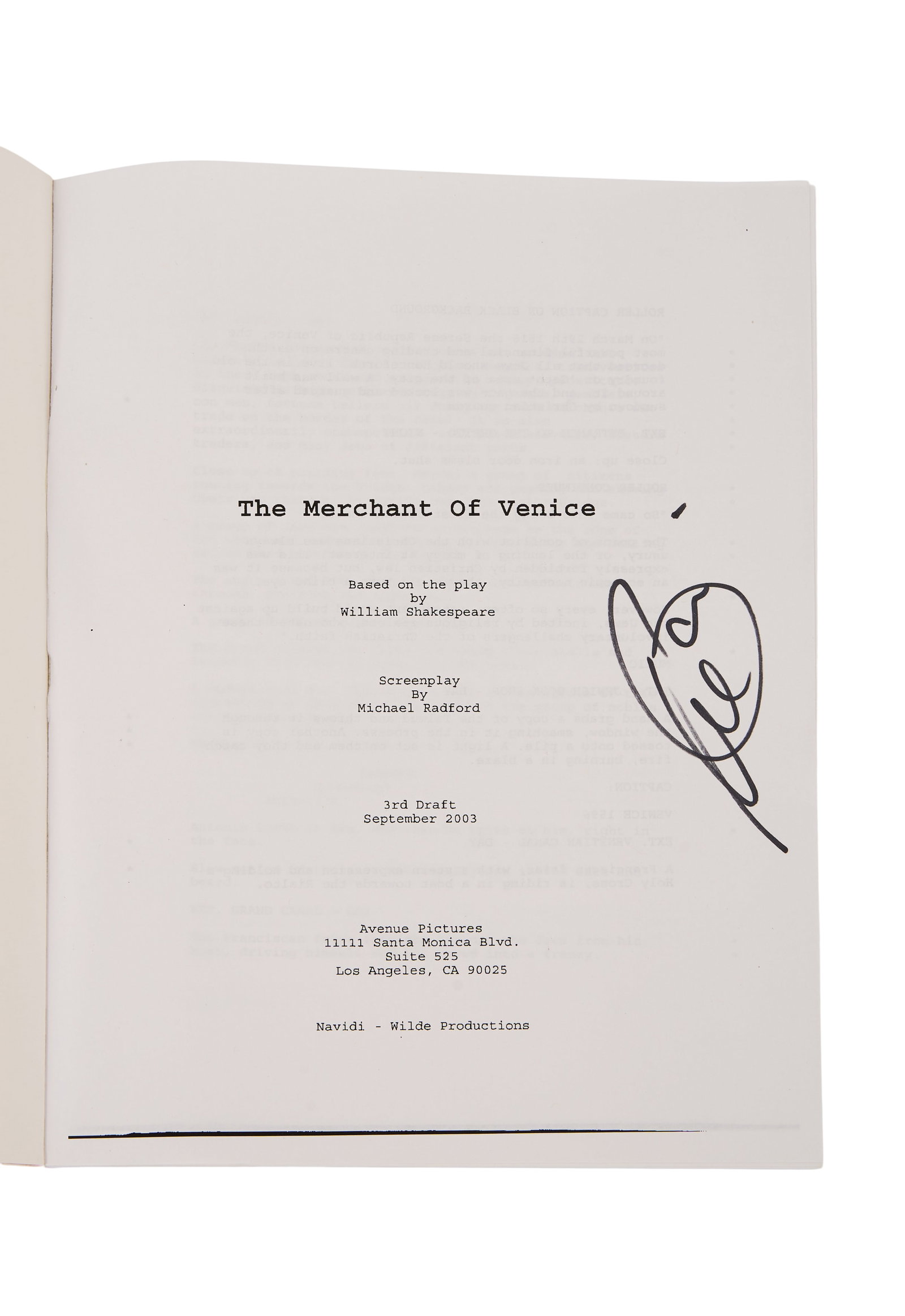 Al Pacino | Signed "The Merchant of Venice" Screenplay: An original production script for The Merchant of Venice (MGM, 2004), signed by Al Pacino, who starred in the film as Shylock, one of Shakespeare's most famous characters. The script is a soft-bound c