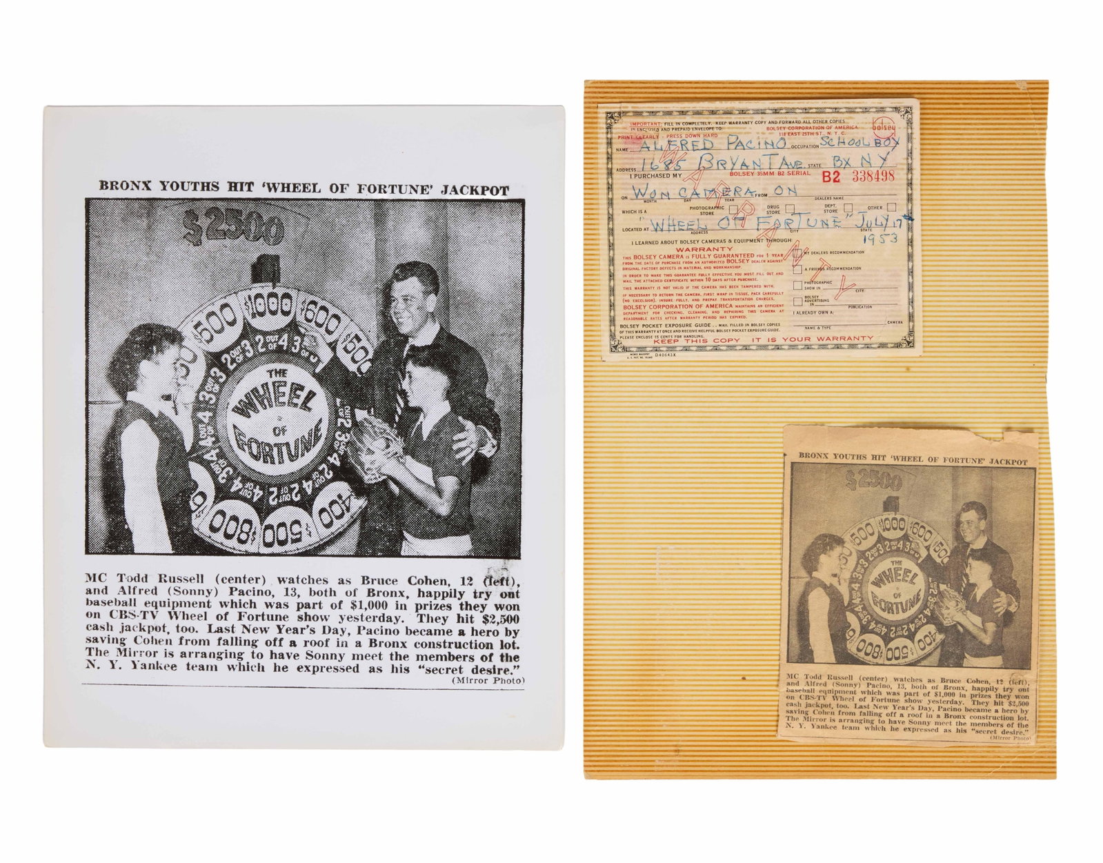 Al Pacino | 1953 "Wheel of Fortune" Bosley Camera Prize Warranty (1 of 2)