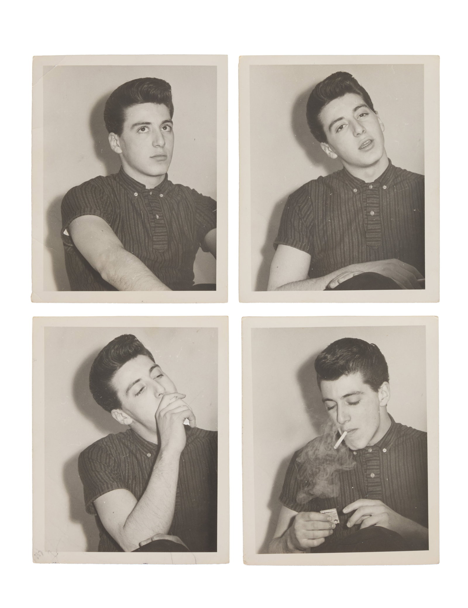 Al Pacino | Photos as a Young Man (x4): Four 5 x 4 black and white photographs of teenage Al Pacino in various poses. Handwritten captions in pencil are present on the verso of each photo, which read: "So? You think you're though, huh?"