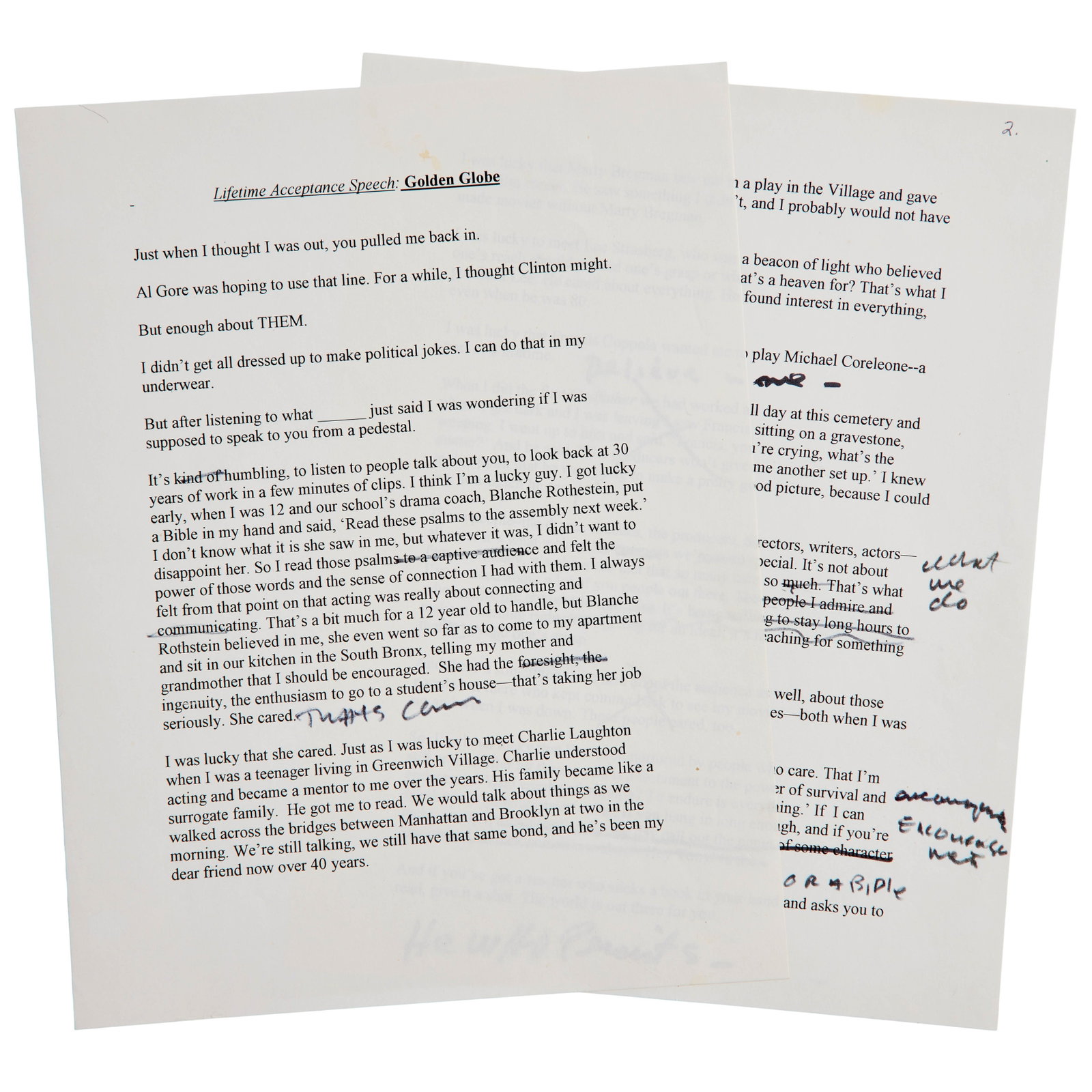 Al Pacino | Annotated Golden Globe Acceptance Speech Draft: The marked-up speech he never gave. A typed two-page draft of a speech, prepared for Al Pacino on the occasion of his Cecil B. DeMille Lifetime Achievement Award from the Golden Globes, which