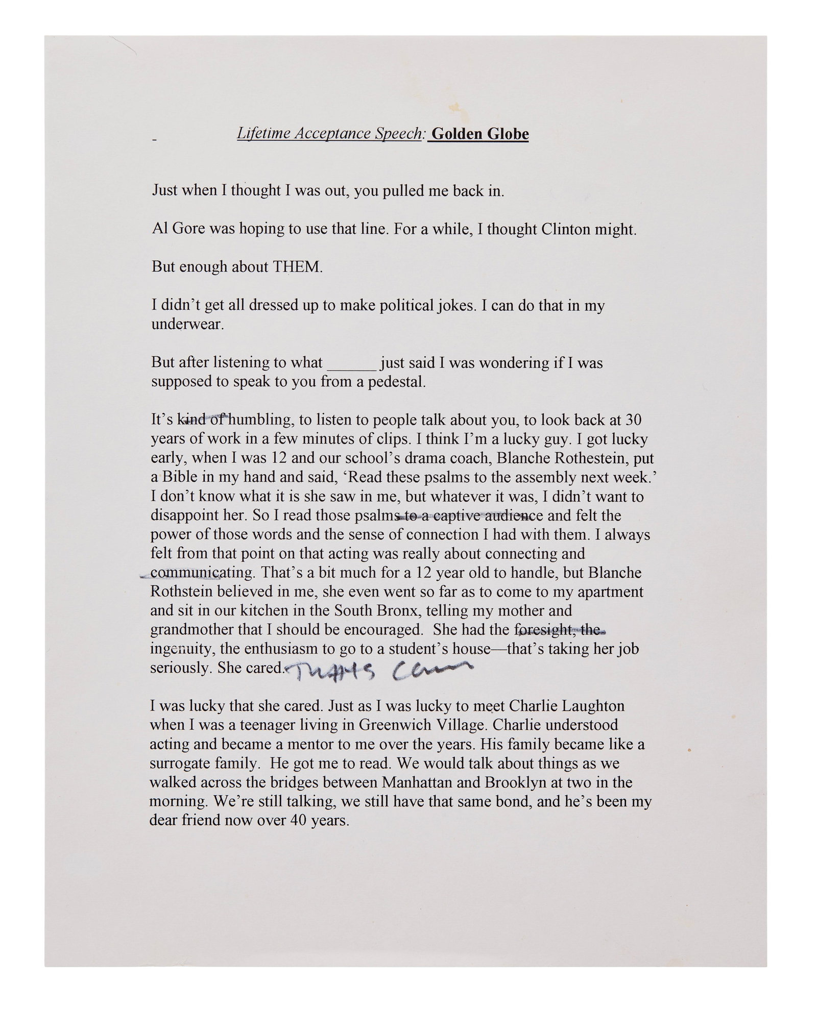 Al Pacino | Annotated Golden Globe Acceptance Speech Draft - 2