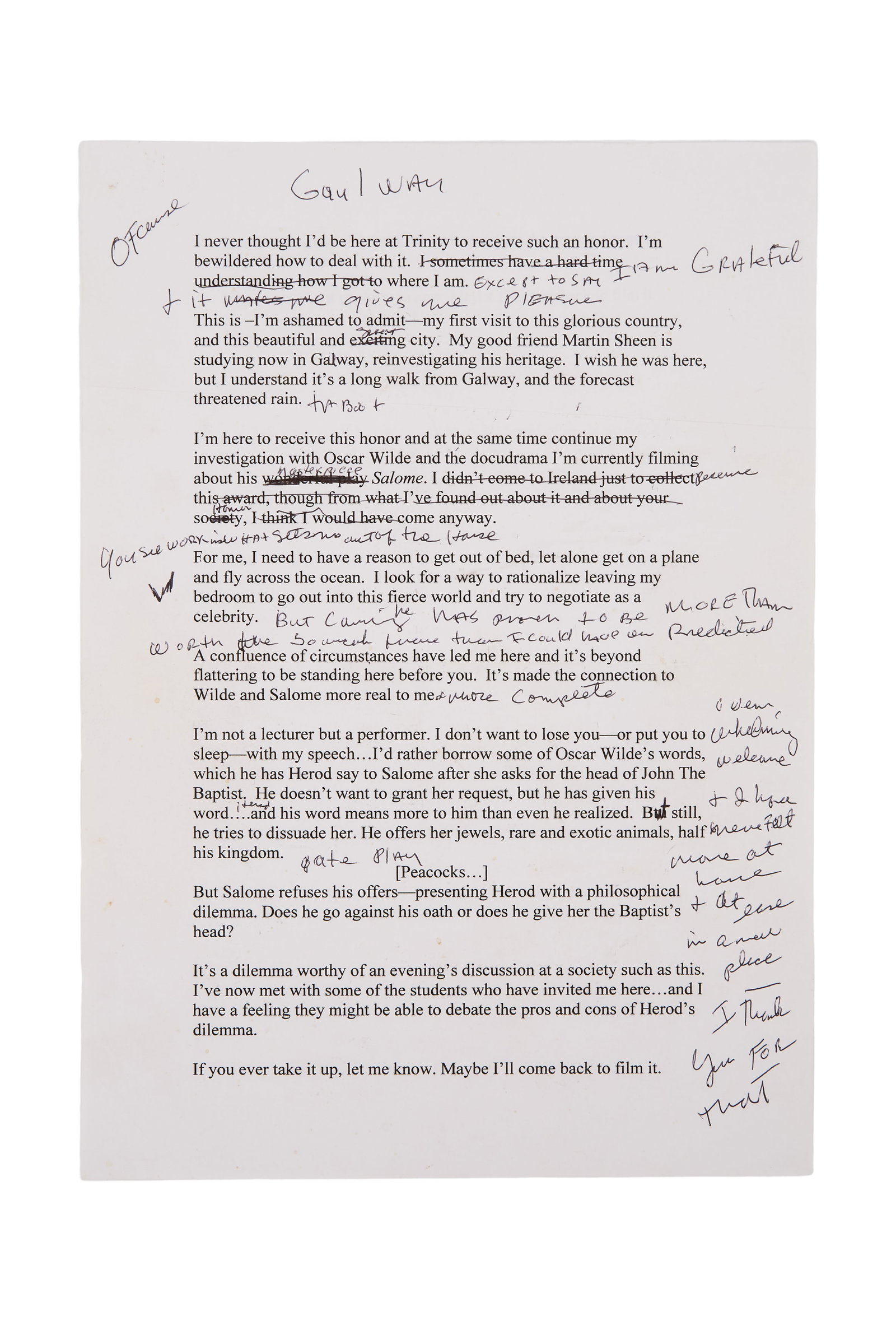 Al Pacino | Annotated Speech to Trinity College: A typed copy of a speech given by Al Pacino at Trinity College in Dublin, Ireland, in 2006. The speech is annotated with Pacino's handwritten notes throughout. Pacino was in Ireland with his friend,