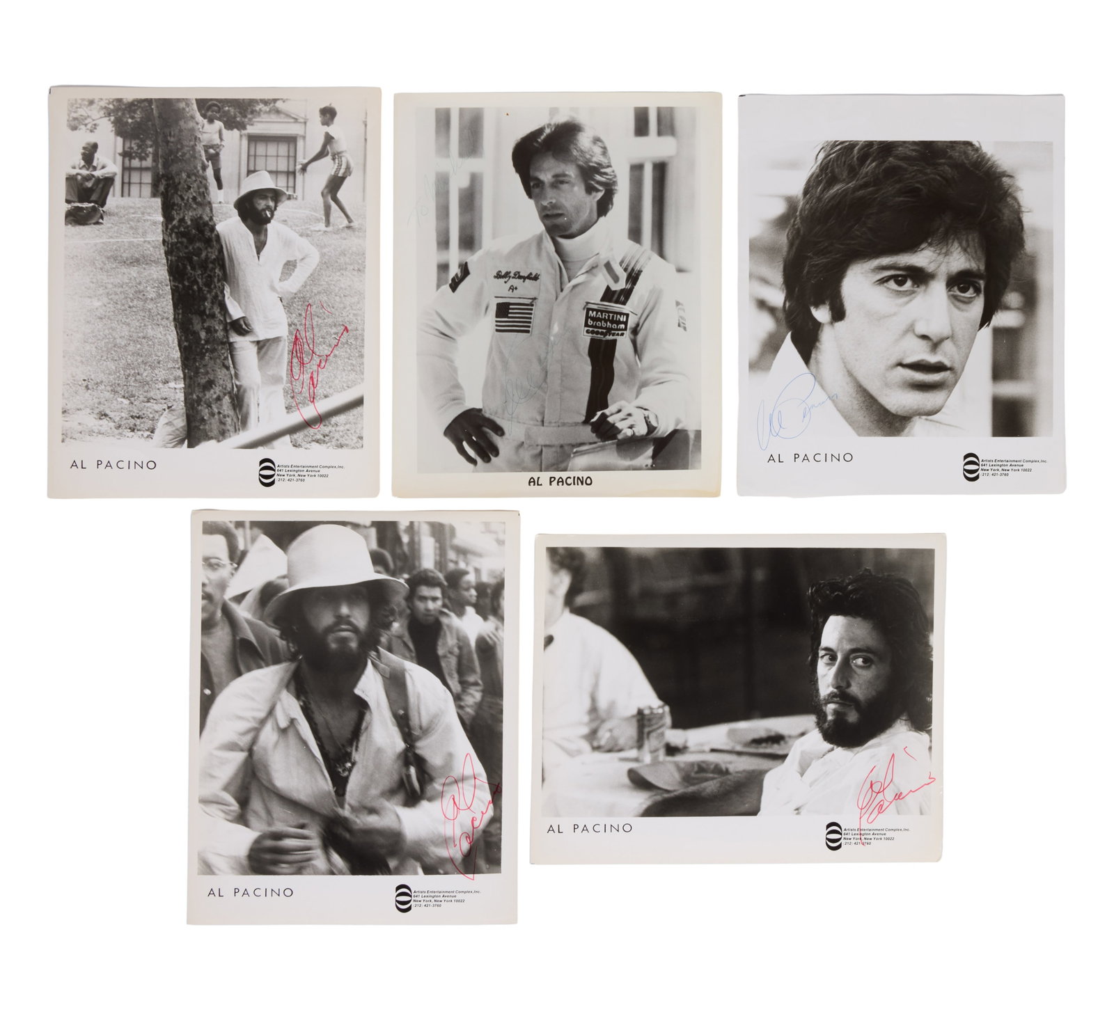 Al Pacino | Signed Headshots (x5): Three black and white headshots of Al Pacino, all signed by the actor. Includes three shots of him in Serpico (Paramount, 1973), one shot of him in Dog Day Afternoon (Warner Bros, 1975), and one shot