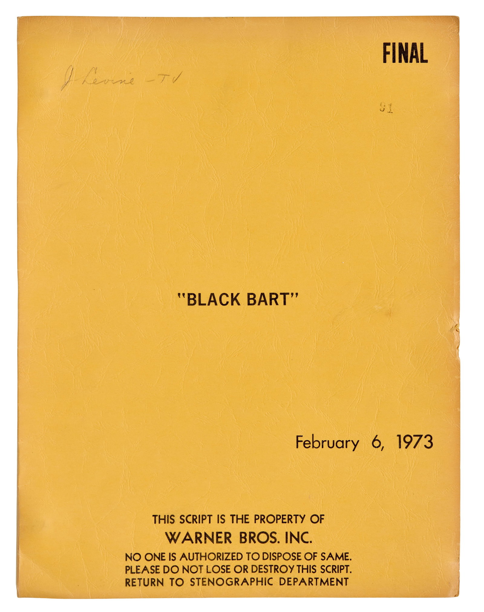 Blazing Saddles | 1973 Production Script: An original screenplay from the production of Mel Brooks' classic, controversial Western spoof Blazing Saddles (Warner Bros., 1974), under its early title Black Bart. In original studio wrappers,