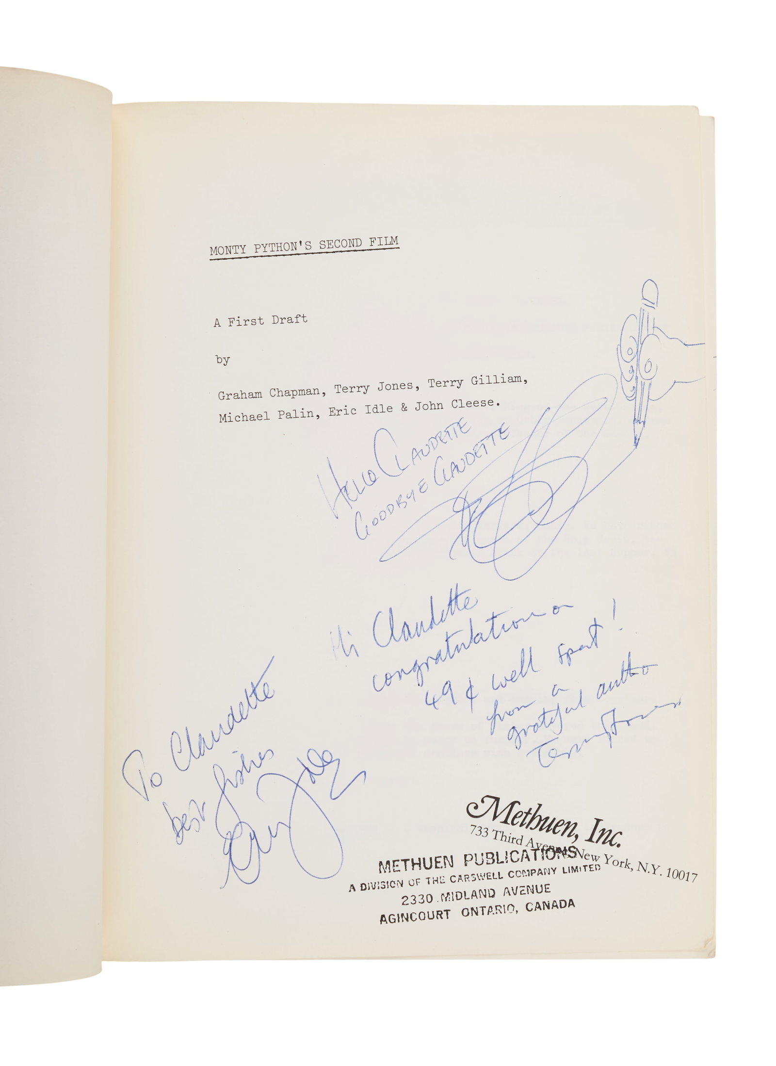 Monty Python and the Holy Grail | Signed Book: A copy of Monty Python and the Holy Grail (BOOK) signed by three members of the Python troupe. Terry Gilliam, Terry Jones, and Eric Idle. The book is a paperback 1980 reprint, published in the United