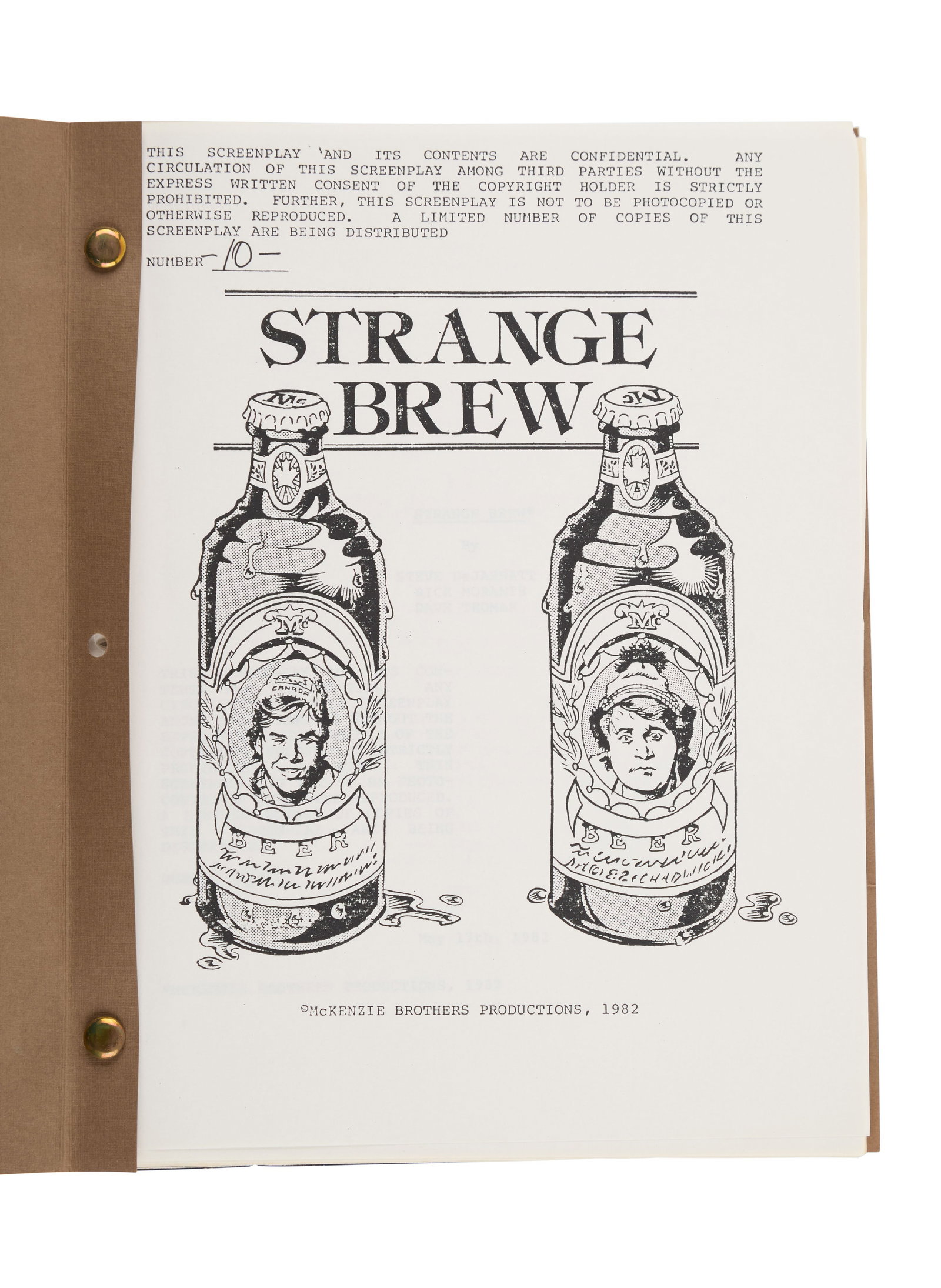 Strange Brew | Production Script: An original production script for the cult classic comedy Strange Brew (MGM, 1983), which saw Rick Moranis and Dave Thomas reprising their roles as beloved SCTV characters Bob and Doug McKenzie. The