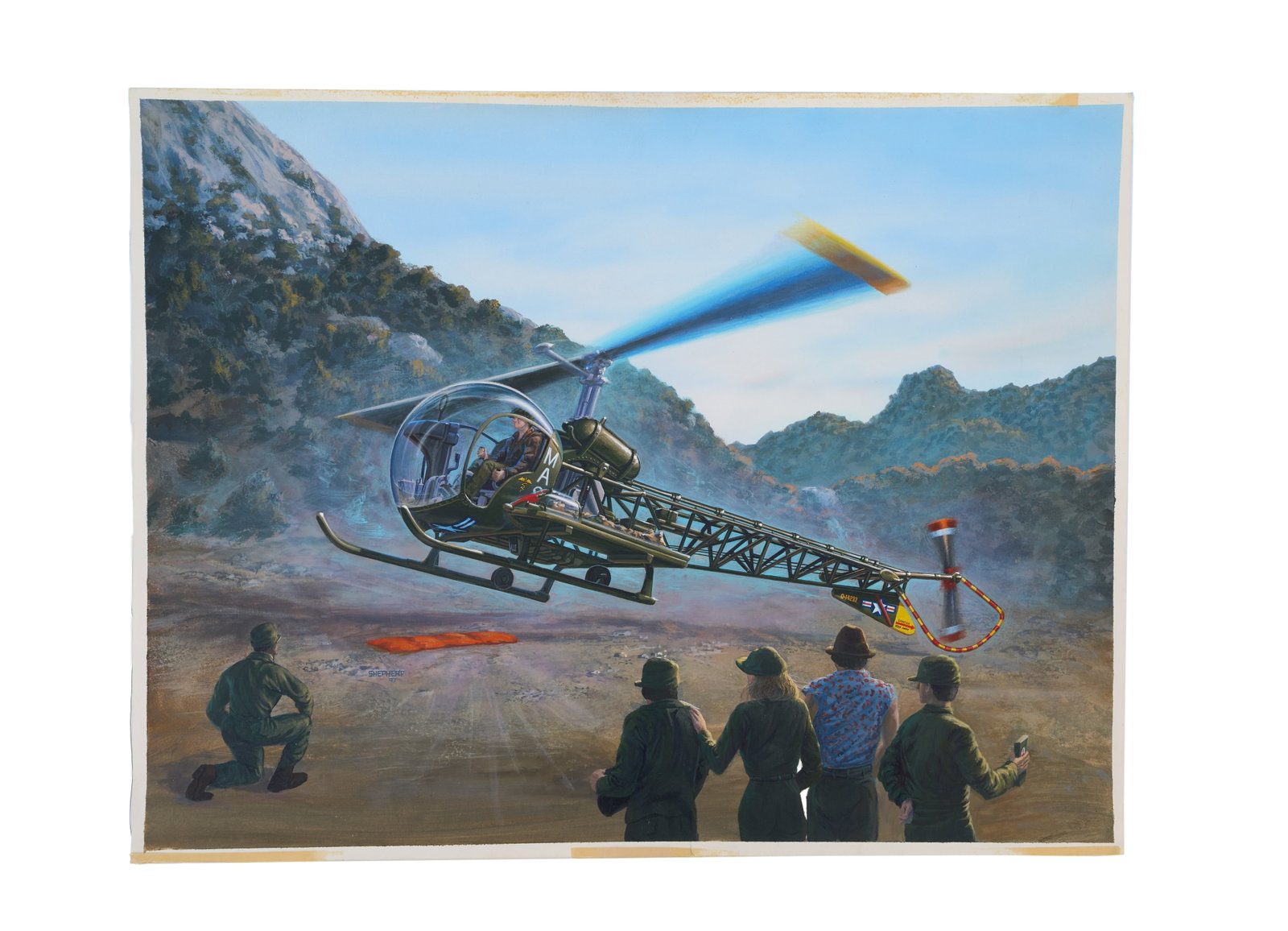 M*A*S*H | Revell Helicopter Original Box Artwork and Model: The original painting used for the box artwork for the M*A*S*H (CBS, 1972-1983) Bell H-13H Helicopter 1:35 model kit by Revell, which was first released in 1994. Painting on paper, which is affixed