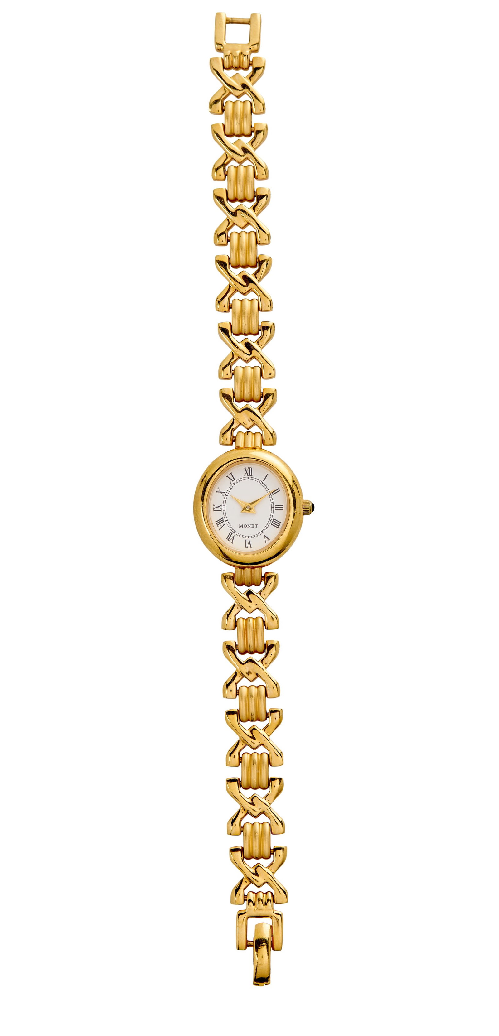 Married? with Children | Peggy Bundy (Katey Sagal) Watch: A gold-tone Monet watch worn by Katey Sagal as "Peggy Bundy" during the production of Married... with Children (Fox, 1987-1997). The face of the watch features roman numerals; the reverse side of the