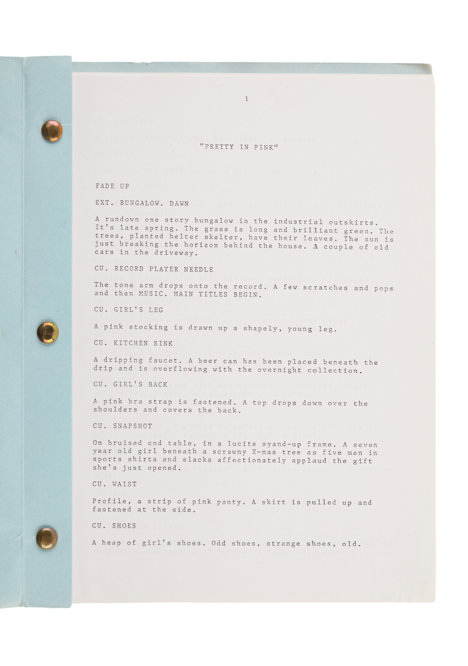 Pretty in Pink | Production Script: An original production script for the iconic teen rom-com Pretty in Pink (Paramount, 1986), written by genre maestro John Hughes. The script is undated, and contains the original scripted ending that
