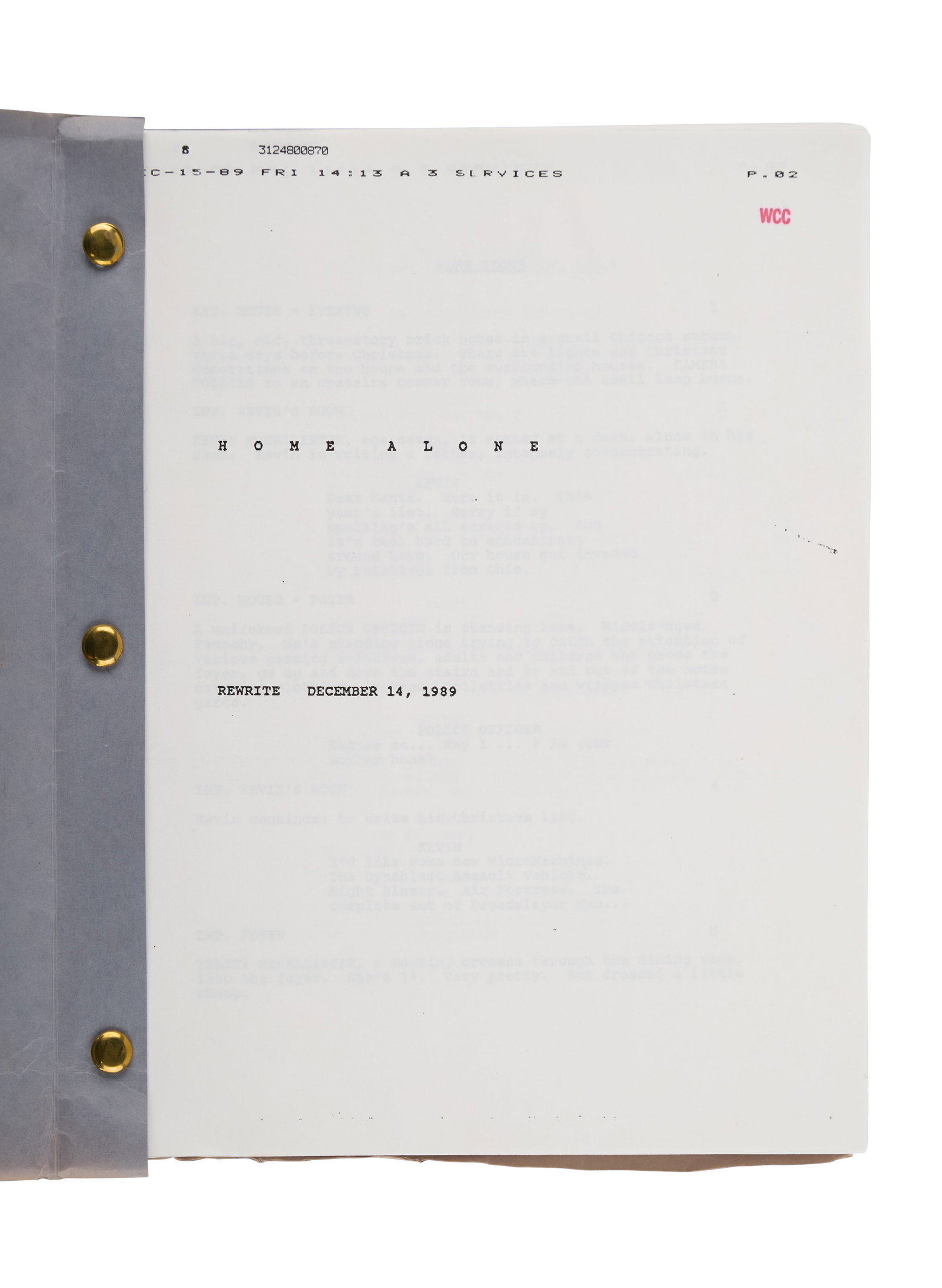 Home Alone | Production Script: An original production script for the beloved comedy Home Alone (20th Century Fox, 1990). The script is a rewrite draft, dated to December 14, 1989; although John Hughes wrote the screenplay, his