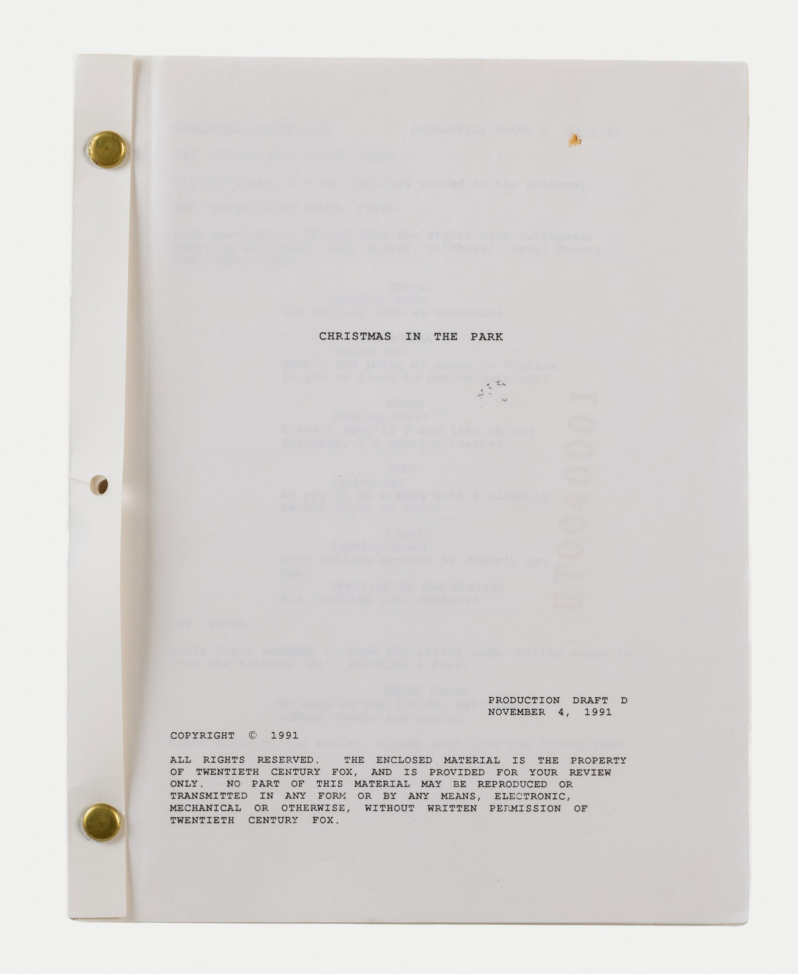 Home Alone 2: Lost in New York | Production Script: An original production script for the comedy classic Home Alone 2: Lost in New York (20th Century Fox, 1992). Dated to November 4, 1991, the script is designated "Production Draft D" and features the