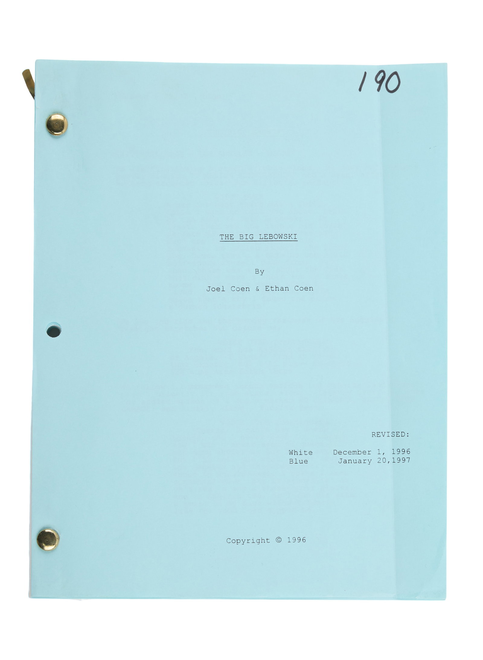 The Big Lebowski | Production Script: An original production script for the Coen Brothers' crime comedy classic The Big Lebowski (Working Title Films, 1998). Attributed to Joel and Ethan Coen, this draft of the screenplay has been revised