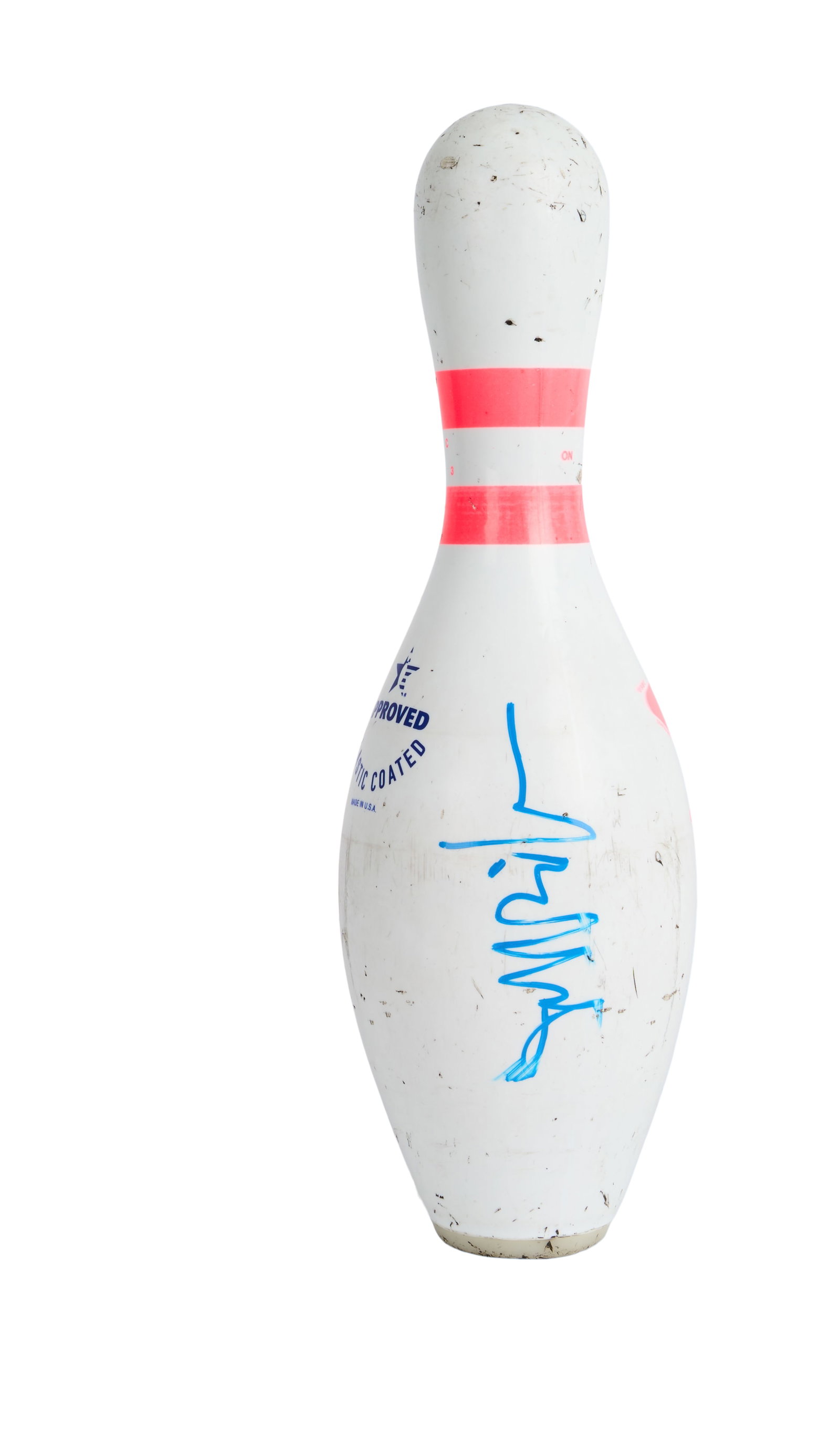 The Big Lebowski | Jeff Bridges Signed Bowling Pin: A bowling pin used as a prop on the set of The Big Lebowski (Working Title Films, 1998). Created by QubicaAMF, the pin is a AMFlite II white plastic-coated pin with neon pink stripes and logo. The pro