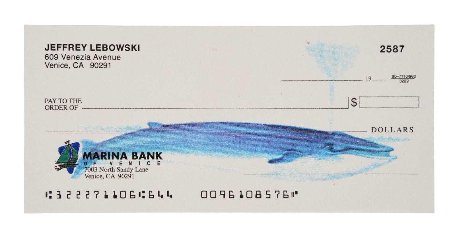 The Big Lebowski | Production Made Check: A production-made prop from the set of the Coen Brothers' neo-noir comedy classic The Big Lebowski (Working Title Films, 1998). The piece is a blank check from the checkbook of Jeffrey "The Dude" Lebo
