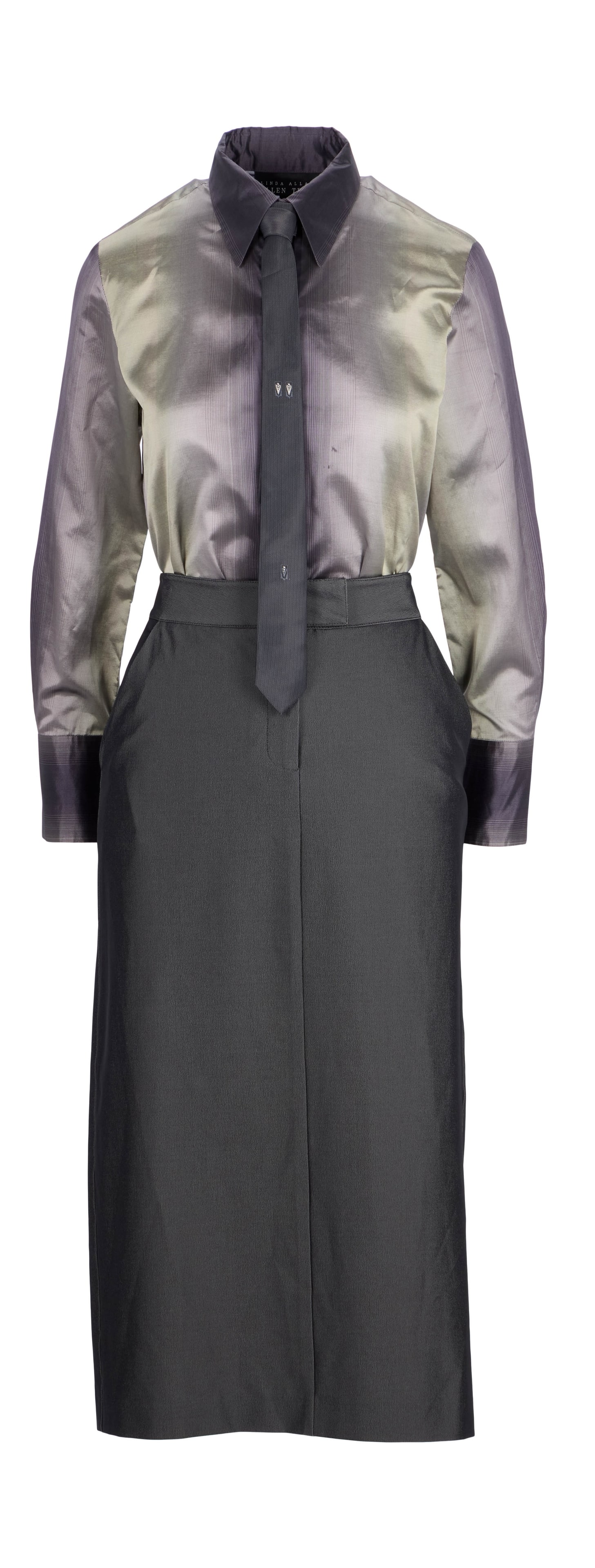 Austin Powers: The Spy Who Shagged Me | Frau Farbissina (Mindy Sterling) Ensemble: An outfit worn by Mindy Sterling in her comedic turn as Frau Farbissina in Austin Powers: The Spy Who Shagged Me (New Line Cinema 1999). The shirt is a pearl grey-dark purple ombre silk button-up