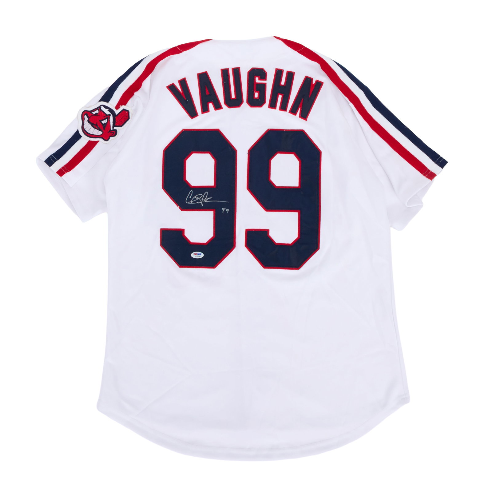 Major League | Charlie Sheen Signed "Ricky Vaughn - 99" Cleveland Indians Jersey: A white Cleveland Indians jersey featuring the last name and number ("99") of Charlie Sheen's character, Ricky Vaughn, from the baseball comedy Major League (Paramount, 1989). Sheen has signed the