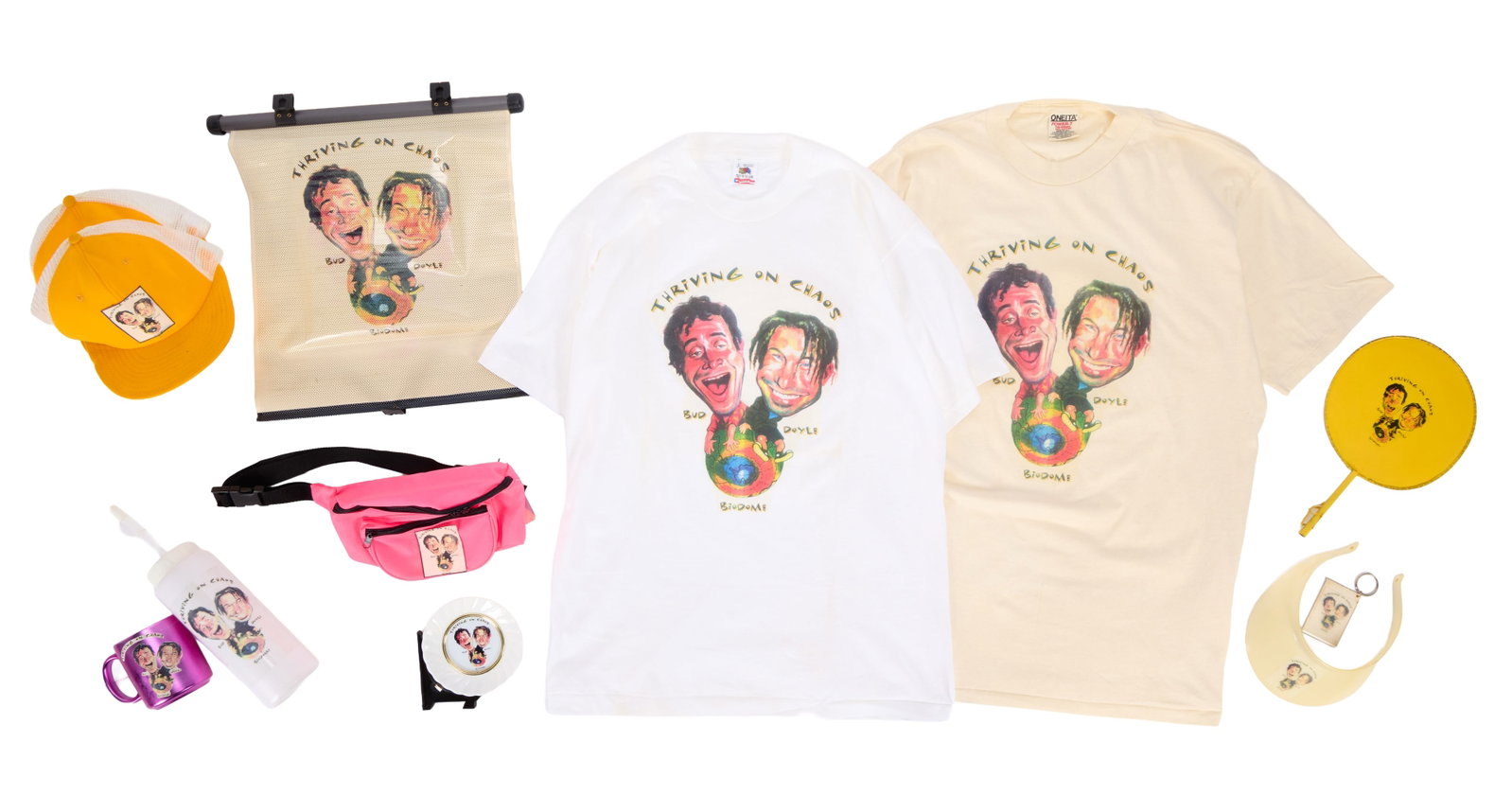 Bio-Dome | Production-Made "Bud & Doyle - Thriving on Chaos" Shirts and Merchandise: A collection of 12 custom-made items from the production of the Pauly Shore and Stephen Baldwin-starring comedy Bio-Dome (MGM/UA, 1996). The items are all merchandise being sold at a stall outside of