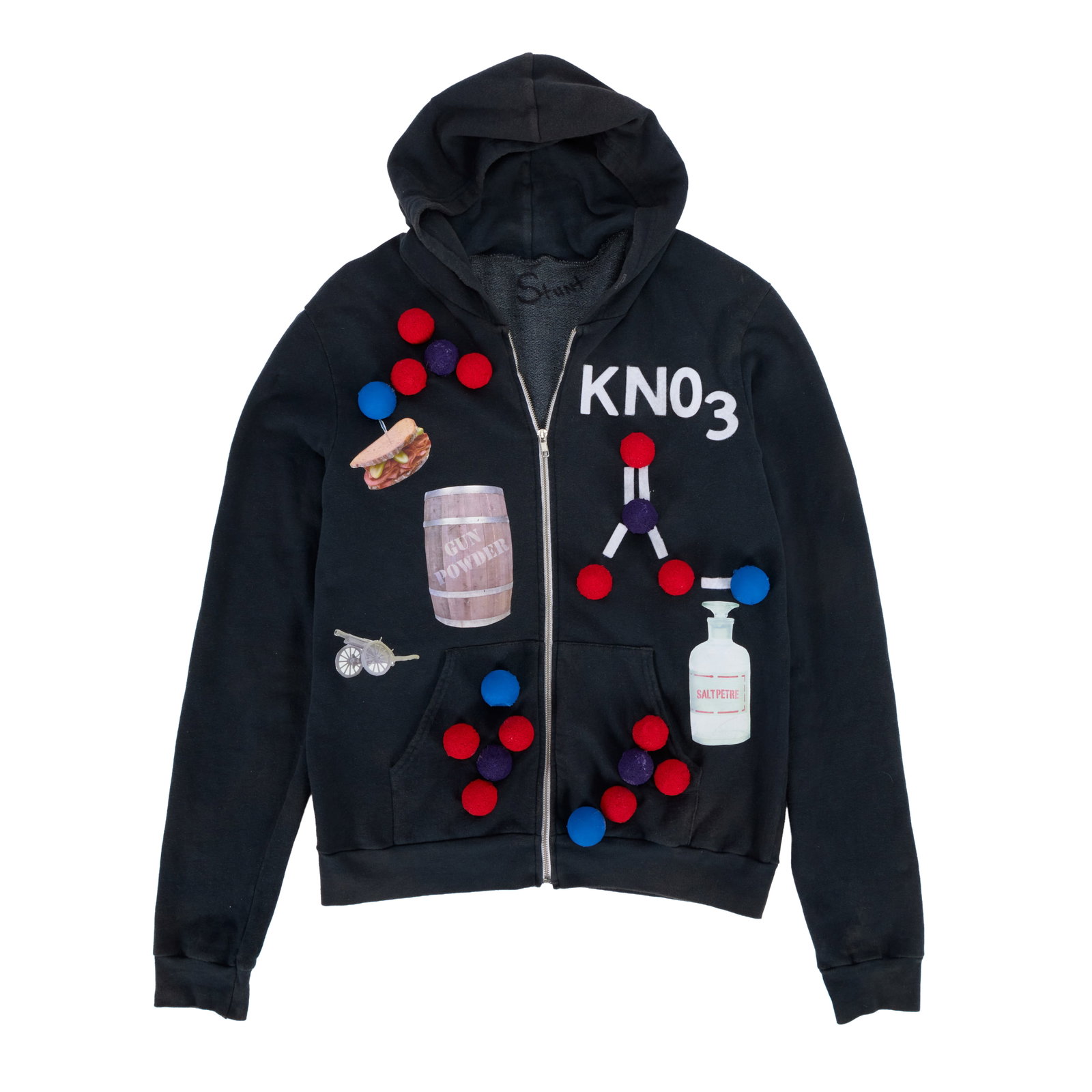21 Jump Street | Jenko's "Potassium Nitrate" Stunt Hoodie: Stunt "potassium nitrate molecule" hoodie for "Jenko" from the production of the crime comedy 21 Jump Street (Sony, 2012). No sizes or tags present. The hoodie is adorned with various stitched,