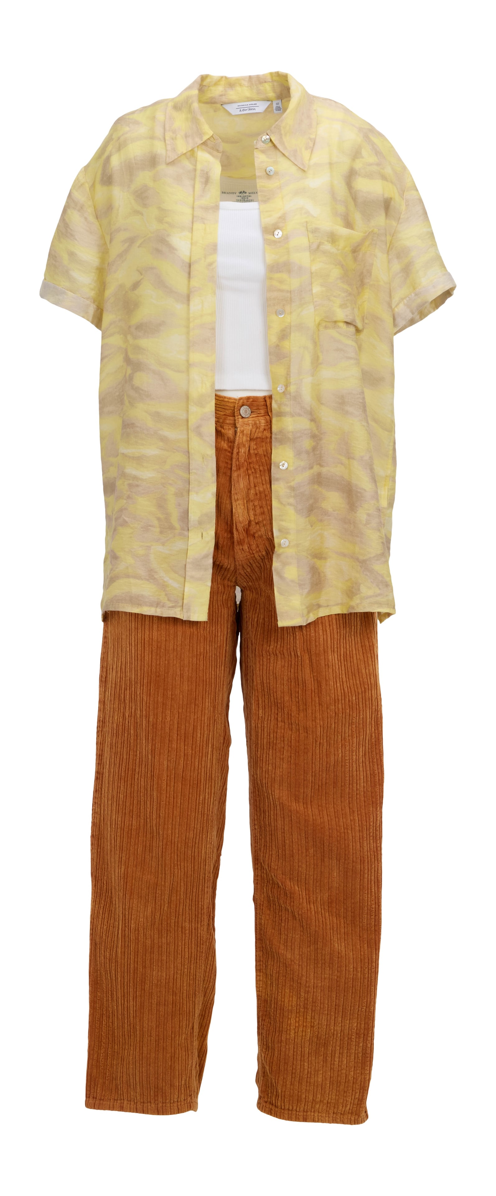 Bottoms | PJ (Rachel Sennott) Screen-Worn Short Sleeve Ensemble: An original ensemble worn by Rachel Sennott as PJ in the film Bottoms (Metro-Goldwyn-Mayer Pictures, 2023) directed by Emma Seligman. The ensemble includes a pair of "BDG" brown high-rise baggy