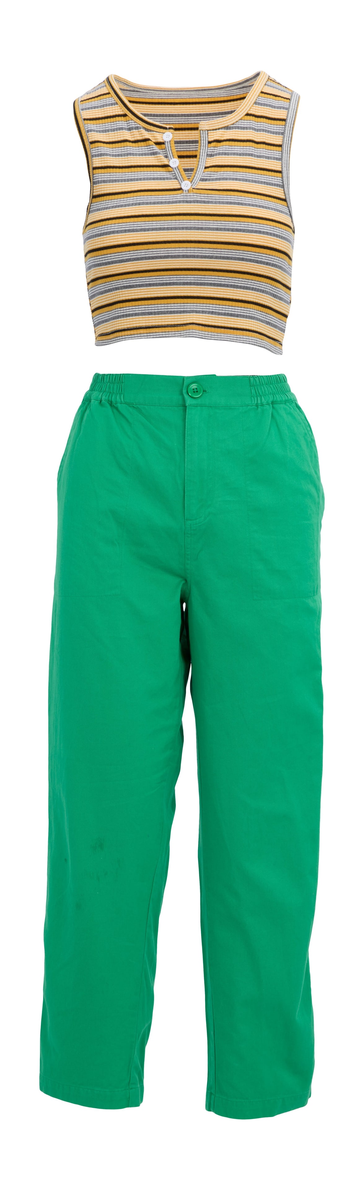 Bottoms | PJ (Rachel Sennott) Screen-Worn Tank Top Ensemble: An original ensemble worn by Rachel Sennott as PJ in the film Bottoms (Metro-Goldwyn-Mayer Pictures, 2023) directed by Emma Seligman. The ensemble includes a pair of green "Camille Rowe" pants, sized