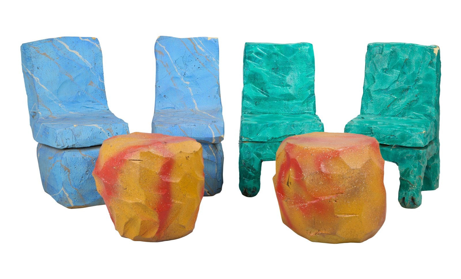 The Flintstones in Viva Rock Vegas | Stone-Style Chairs Including Bronto King Stools : Three pairs of stone-style seating from the produciton of the prehistoric prequel The Flintstones in Viva Rock Vegas (Universal, 2000). Includes four chairs - two blue and two green - and two orange
