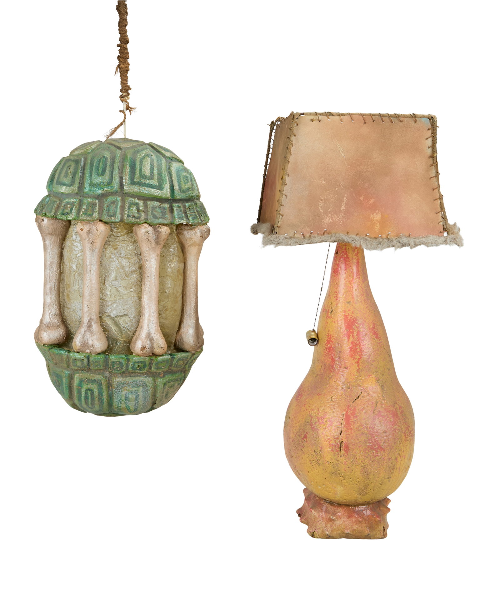 The Flintstones in Viva Rock Vegas | Two Large Lamps ? Stone-Style with Lampshade and Turtle Shell: Two large lamps from the production of the prehistoric prequel The Flintstones in Viva Rock Vegas (Universal, 2000). One lamp is a floor lamp with a body comprised of carved foam coated with a layer
