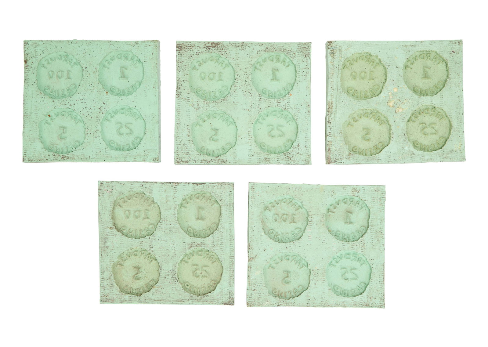 The Flintstones in Viva Rock Vegas | Tardust Casino Gambling Chip Molds: Five molds for gambling chips from Tardust Casino from the production of the prehistoric prequel The Flintstones in Viva Rock Vegas (Universal, 2000). Each square sheet of silicone contains molds for