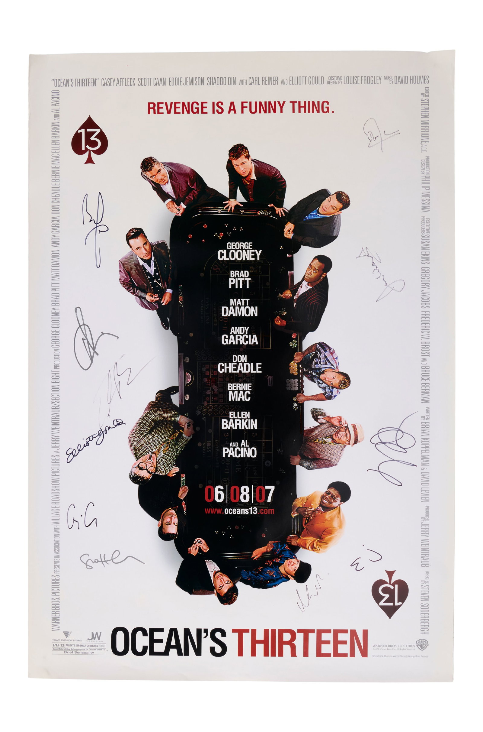 Ocean's Thirteen | Cast-Signed Poster: A theatrical one-sheet poster for Ocean's Thirteen (Warner Bros., 2007) signed by producer Jerry Weintraub and many of the principal cast including Scott Caan, Don Cheadle, George Clooney, Matt Damon,