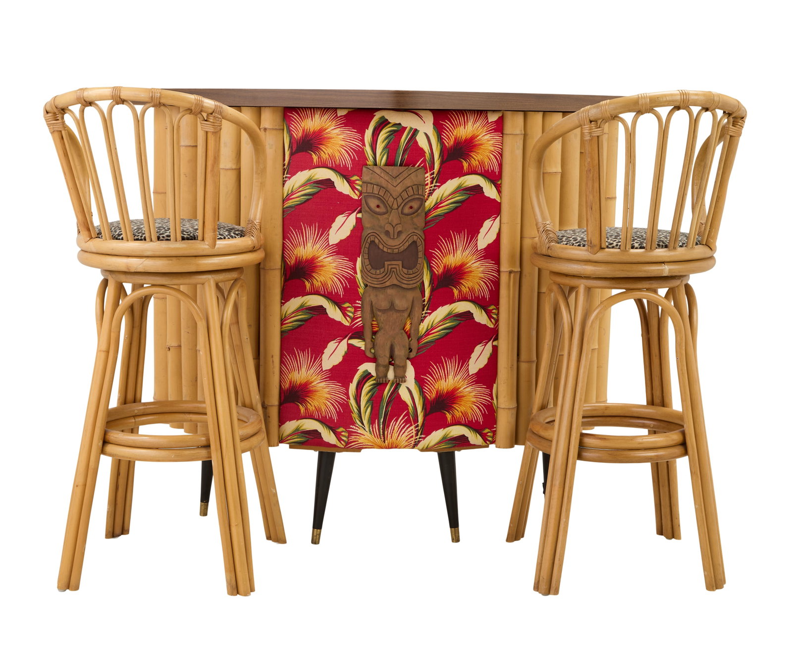 Mad Men | Screen-Used Tiki Bar with Matching Bar Stools: A screen-used tiki bar, seen throughout the seventh season of the acclaimed drama series Mad Men (AMC, 2007 - 2015). The bar features a semi-circular tabletop with a front body that contains a