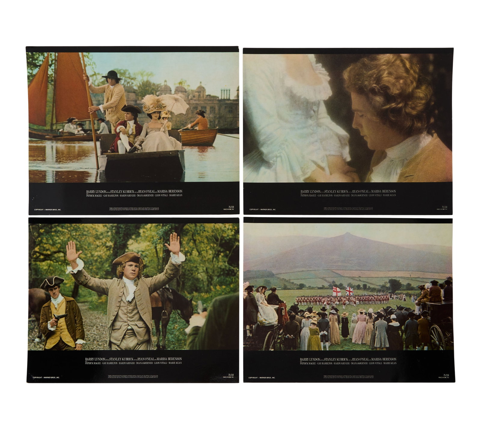 Barry Lyndon | Lobby Cards: A group of four vintage lobby cards for the film Barry Lyndon (Warner Bros., 1975), written for the screen and directed by Stanley Kubrick. Each card features "PRINTED IN ROME, ITALY" on the lower