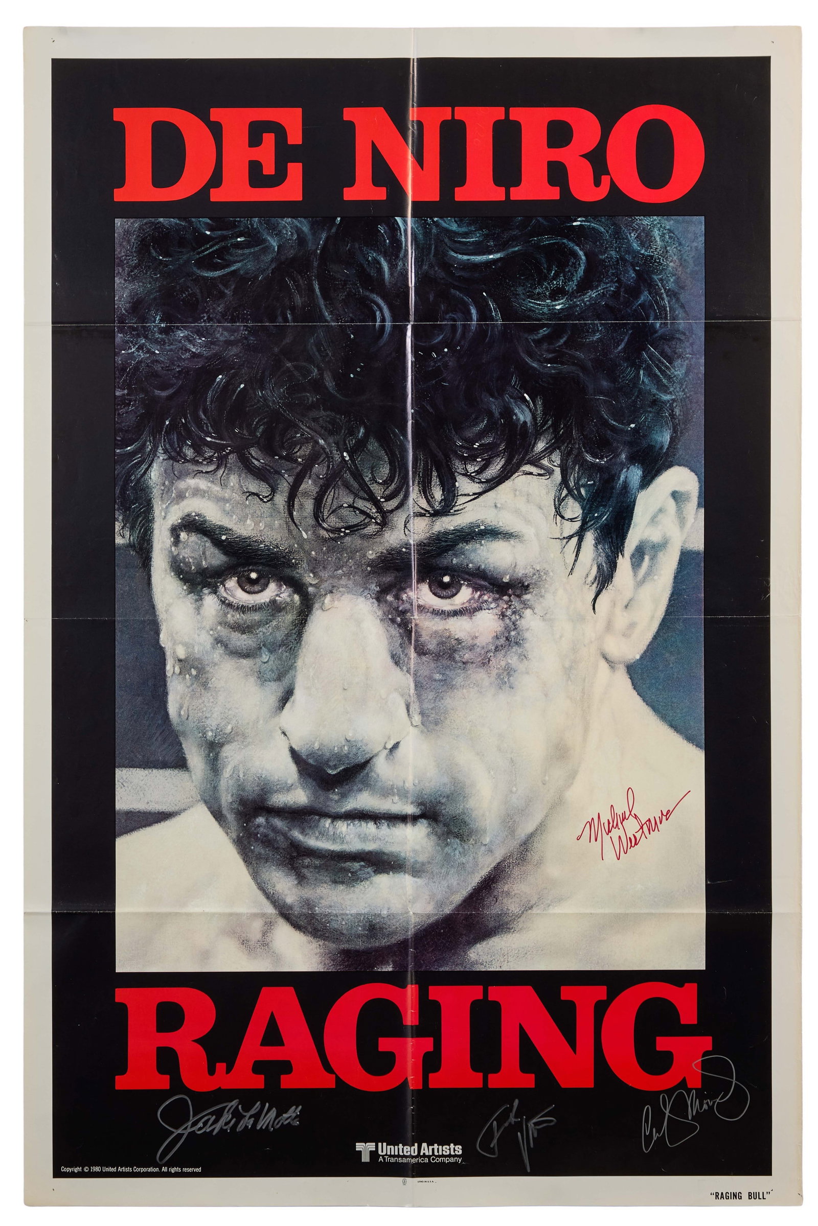 Raging Bull | Cast-Signed Movie Poster: United Artists, 1980. Advance one-sheet poster, 27 x 41 inches. Some small tears on the bottom right edge. Folded Signed by boxer Jake La Motta (portrayed by Robert De Niro in the film), Cathy Moriart