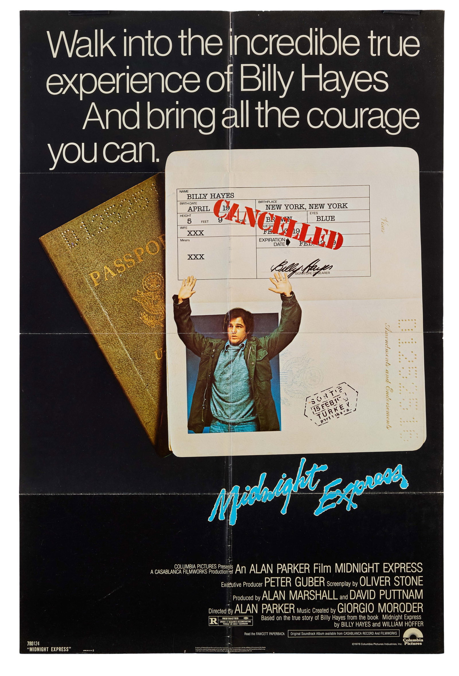 Midnight Express | Movie Poster: Columbia Pictures, 1978. One-sheet poster, 27 x 41 inches. Some handling wear on the edges and fold lines. Folded. Midnight Express was the first major credit for Oliver Stone, who wrote the film's