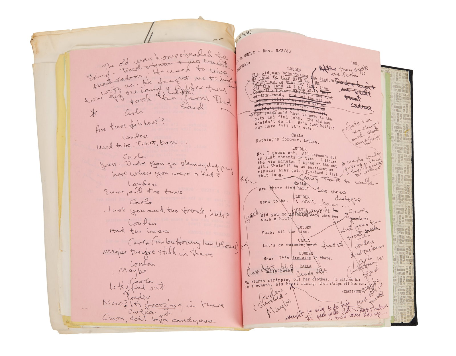 Vision Quest | Director's Annotated Production Script: Director Harold Becker's original, annotated, production script to his beloved teen sports drama Vision Quest (Warner Bros, 1985). The script is bound in a black, hardbound, binding. It contains