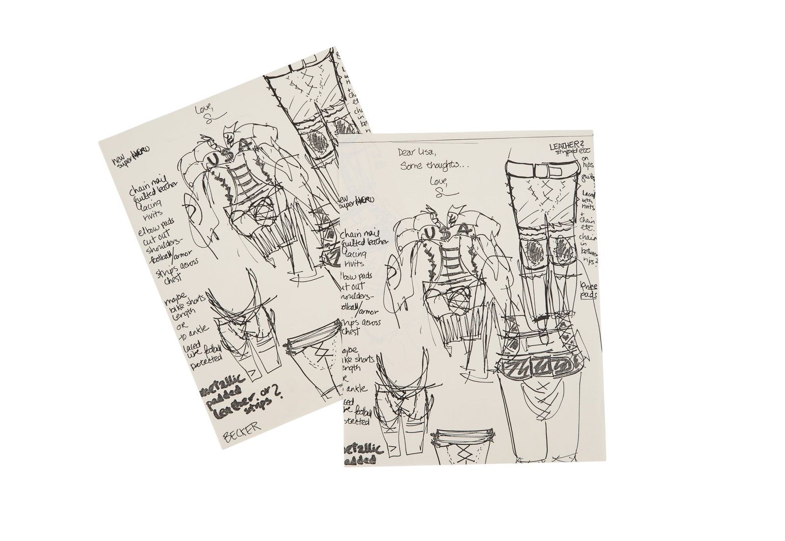 Michael Jackson | Unused Costume Design: Two copies of an unlimately unused costume design for Michael Jackson, by costume designer, Susan Becker. The sheets depict an ensemble with "USA" emblazoned upon the chest. Becker has written, "To