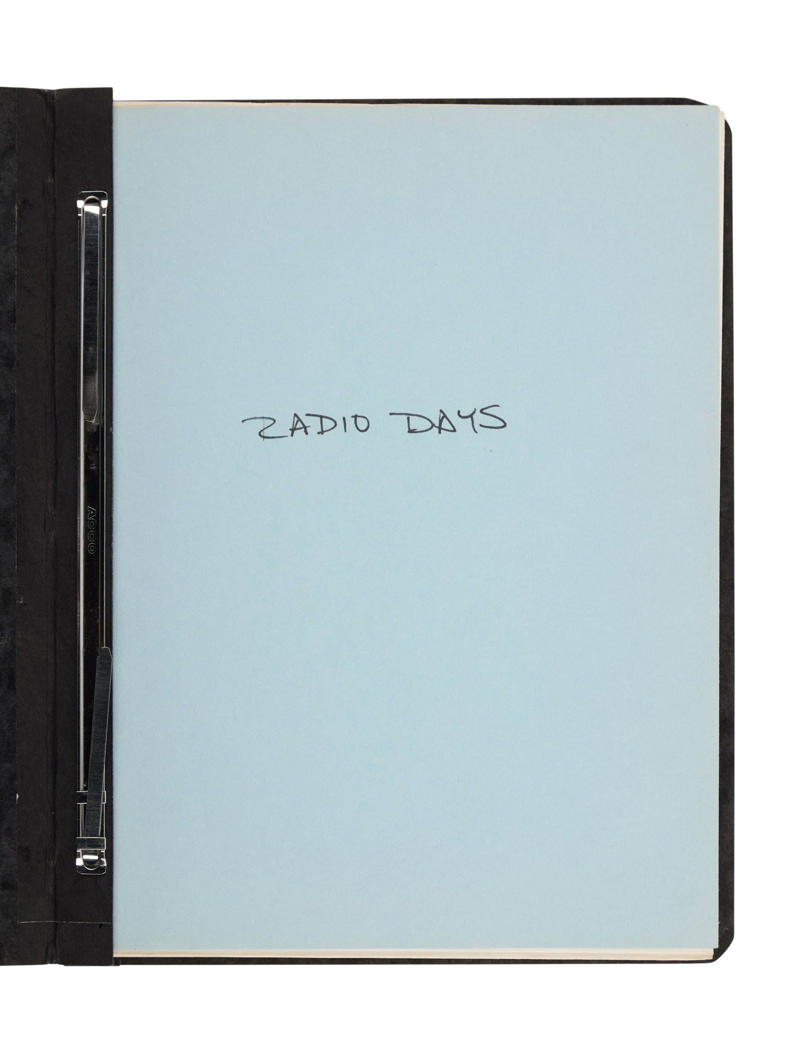 Radio Days | Production Script: An original production script from Woody Allen's nostalgic classic, Radio Days (Orion Pictures, 1987). Housed in a black ACCO pressboard binder, the screenplay includes a handwritten page identi