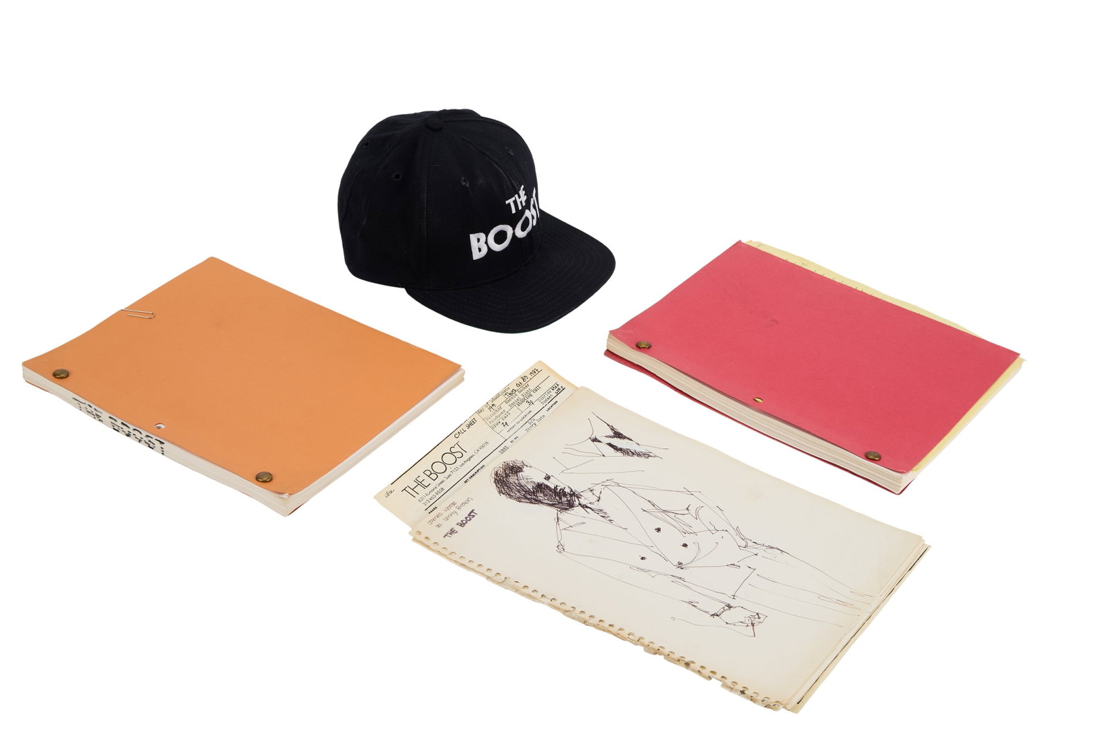 The Boost | Production Scripts, Costume Designs, Crew Hat, and Call Sheet: A collection of production documents from the production of the James Woods-starring drug drama The Boost (Hemdale Film Corporation, 1988). Includes two production scripts, including one with