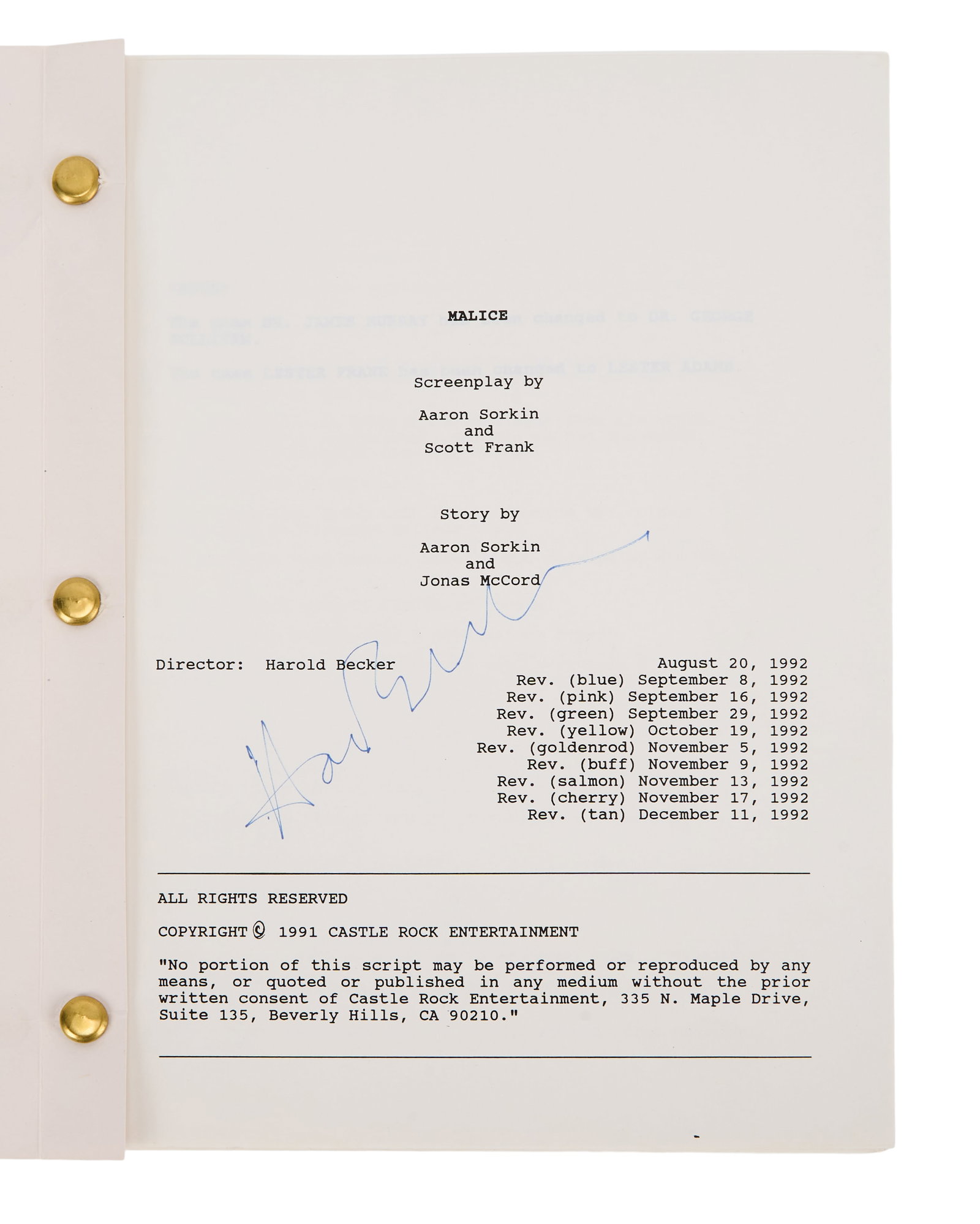 Malice | Production Scripts, Including One Signed by Director: Two production scripts for the medical thriller Malice (Columbia, 1993), starring Alec Baldwin, Nicole Kidman, and Bill Pullman. One of the scripts is signed on the title page by the film's director,