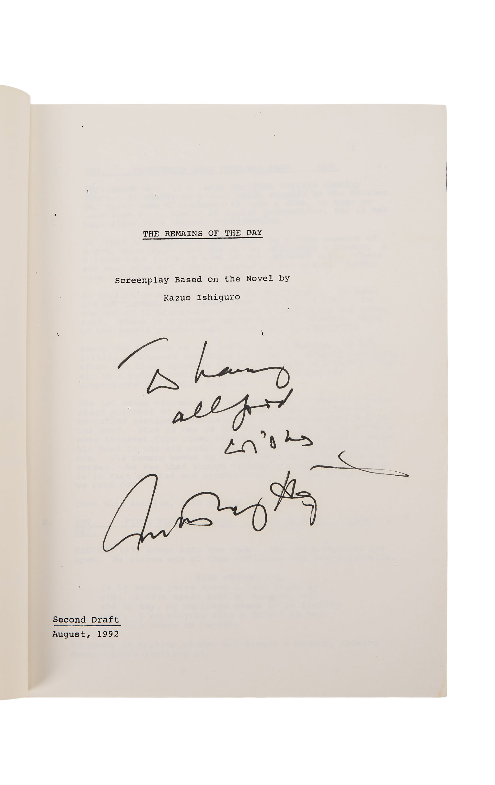 Anthony Hopkins | Signed "The Remains of the Day" Screenplay: An original production script for The Remains of the Day (Columbia, 1993), signed by Anthony Hopkins, who received numerous accolades for his star turn as the butler Stevens. The script has