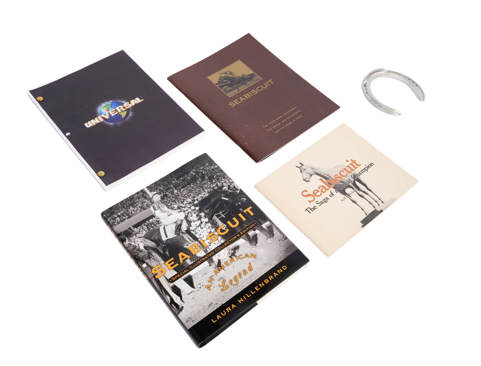 Seabiscuit | Crew Memorabilia (Crew Jacket, Horseshoe, Screenplay, Books): A collection of memorabilia related to the production of the film Seabiscuit (Universal, 2003). A jacket given to members of the film's crew; a commemorative horseshoe; a photobook produced for the fi