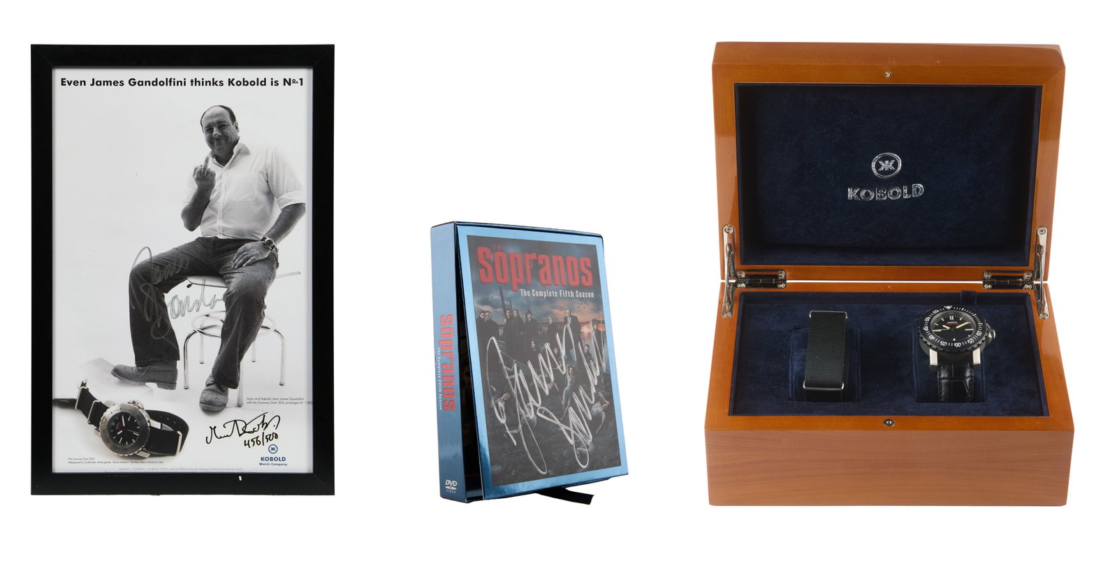 James Gandolfini | 1-of-1 KOBOLD Watch with Personally Inscribed Watch Box: A 1-of-1 custom Kobold watch created in 2005 for actor James Gandolfini. Gandolfini was the designer of Kobold's Soarway Diver Seal watches, as well as an ambassador for the brand. The watch was