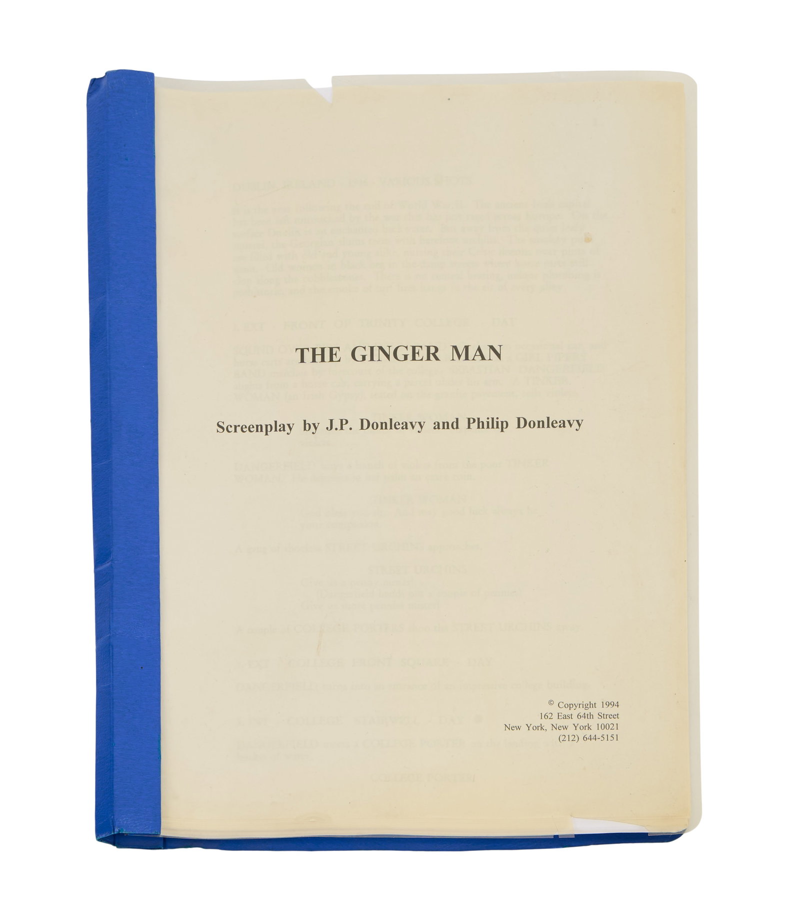 Lawrence Grobel | Unproduced "The Ginger Man" Screenplay: A typed 1994 screenplay adaptation of J. P. Donleavy's The Ginger Man, a 1955 novel consistently ranked as one of the best of the 20th century. Dated 1994, the script was never realized as a film.