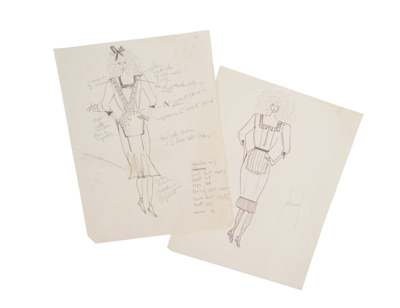 Carol Kane | Maid Costume Designs: Two hand-drawn costume designs for Carol Kane as a maid for an unknown production. The sketches are by costume designer, Susan Becker, who worked with Kane on the films The Lemon Sisters (Miramax,