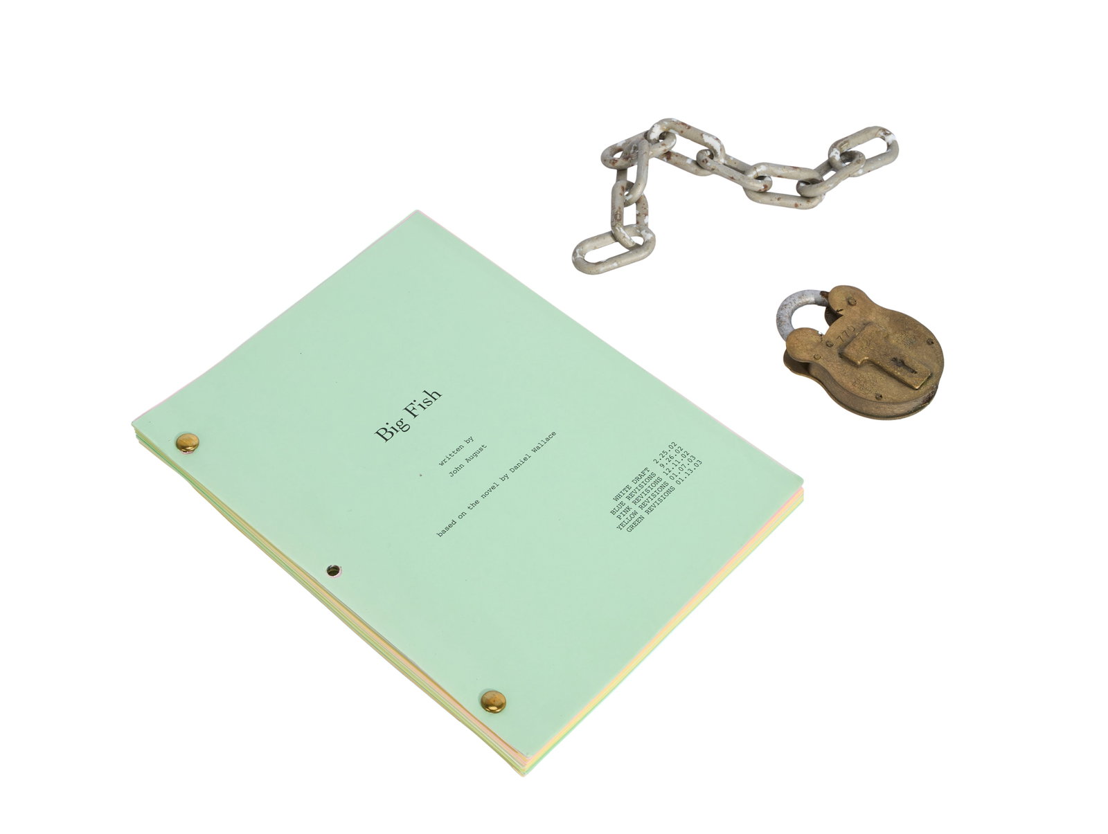 Big Fish | Circus Chain and Lock Stunt Props with Production Script: A circus chain and lock stunt prop from the production of the Tim Burton-directed film, Big Fish (Sony Pictures Releasing, 2003), together with a production script. The circus chain stunt prop is