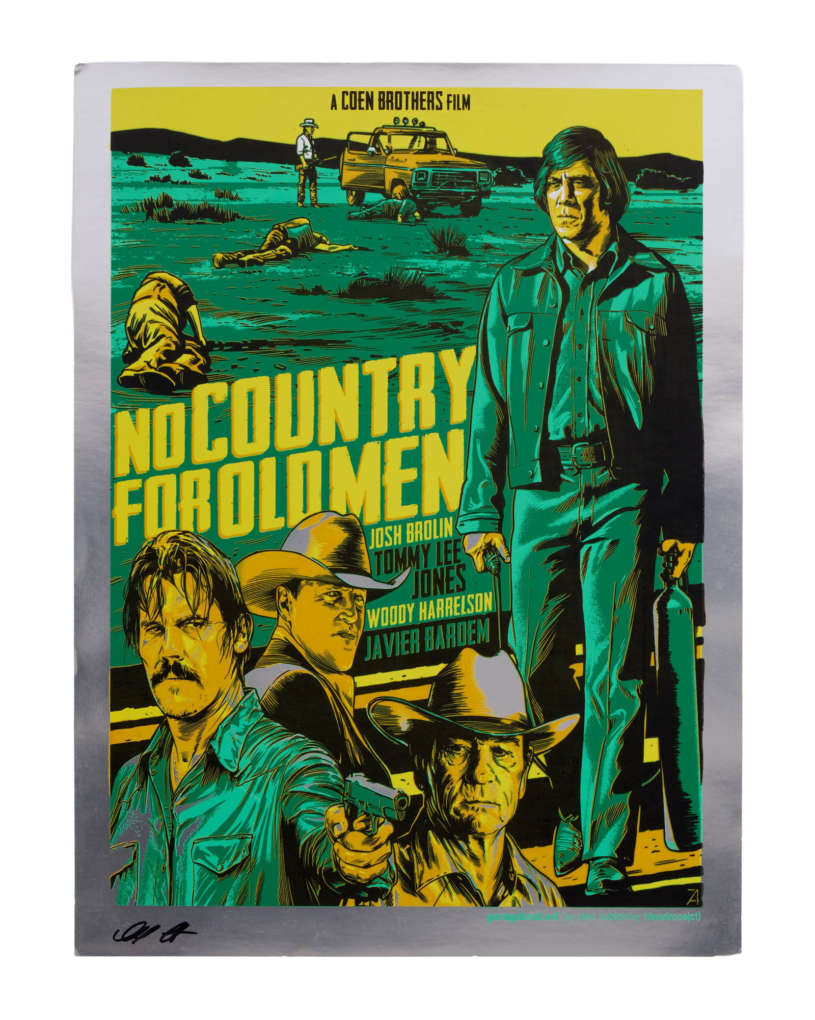 No Country for Old Men | Artist Signed Print: A green, yellow, black, and silver-tone print of an alternative poster for the Coen Brothers directed film, No Country for Old Men (Miramax Films, 2007), by Alex Zablotsky, signed by the artist. Minor