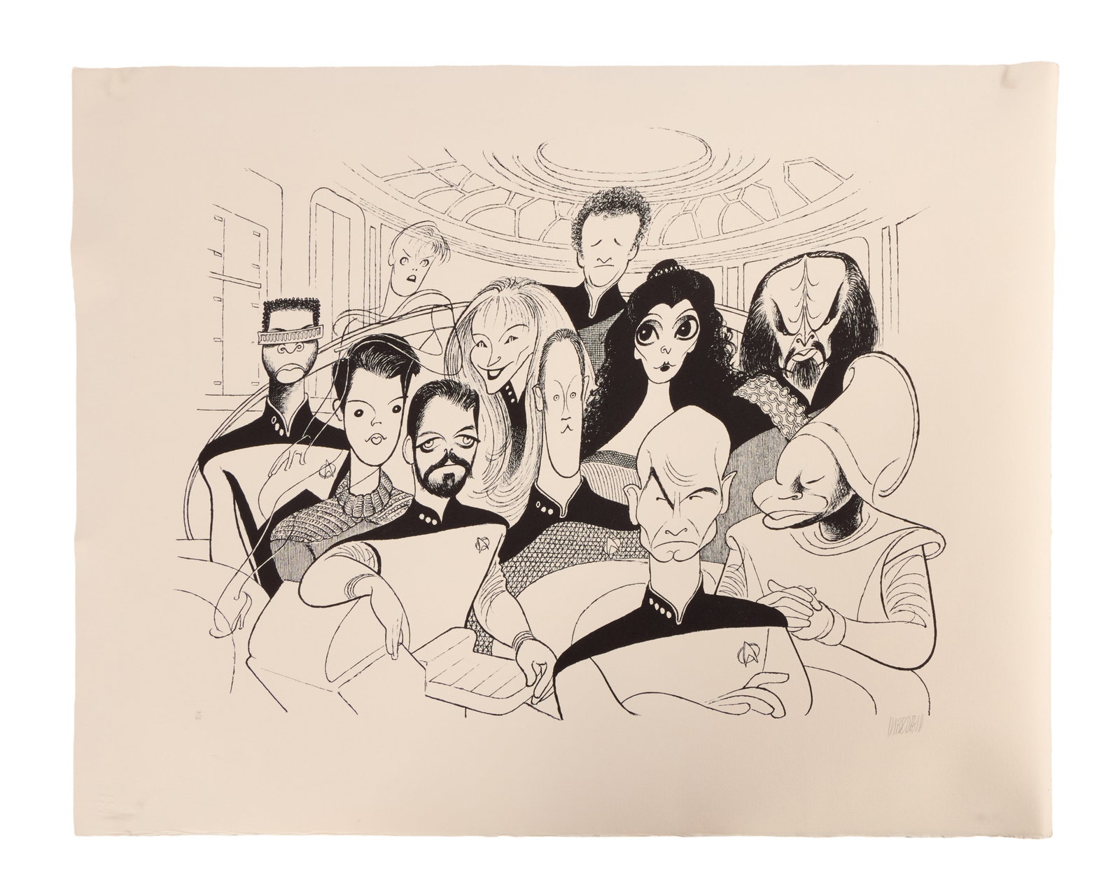 Star Trek: The Next Generation | Al Hirschfield Cast Lithograph: A limited edition signed print by Albert "Al" Hirschfeld of the cast of Star Trek: The Next Generation (Syndicated, 1987-1994). The caricature features eleven of the original cast members, is signed i