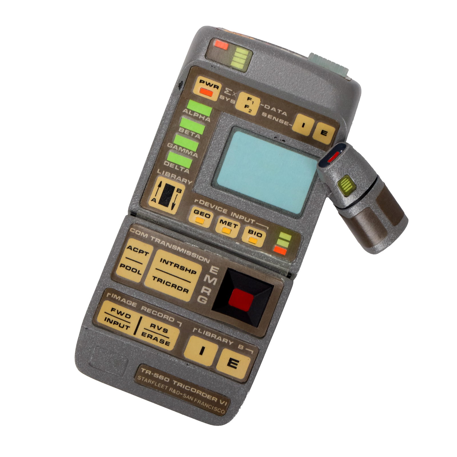 Star Trek: The Next Generation | Starfleet Mark VI Static Tricorder Prop: An original TR-560 Mark VI Static Tricorder from the production of Star Trek: The Next Generation (Syndicated, 1987-1994). Constructed from resin with printed buttons and labels, some of which are pee