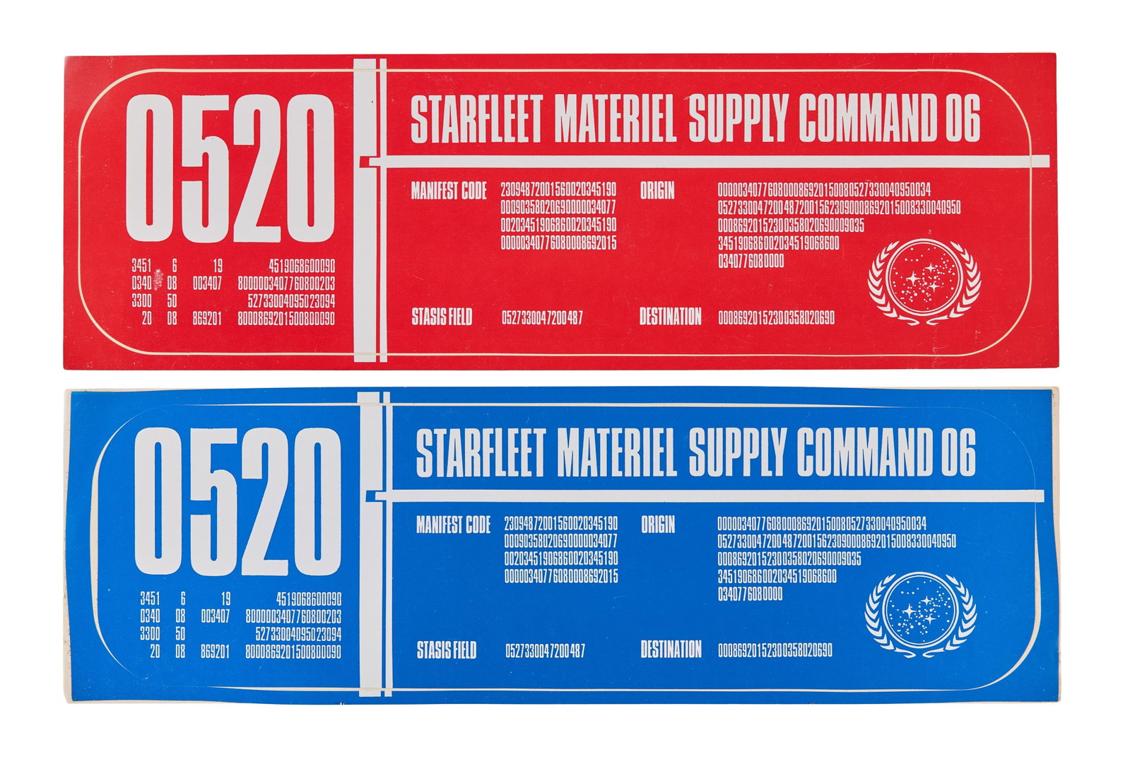 Star Trek: The Next Generation | Two Large Cargo Container Decals: Two large, unused cargo container decals from the production of Star Trek: The Next Generation (Syndicated, 1987-1994). The decals, one blue and one red, feature the Federation logo alongside bold