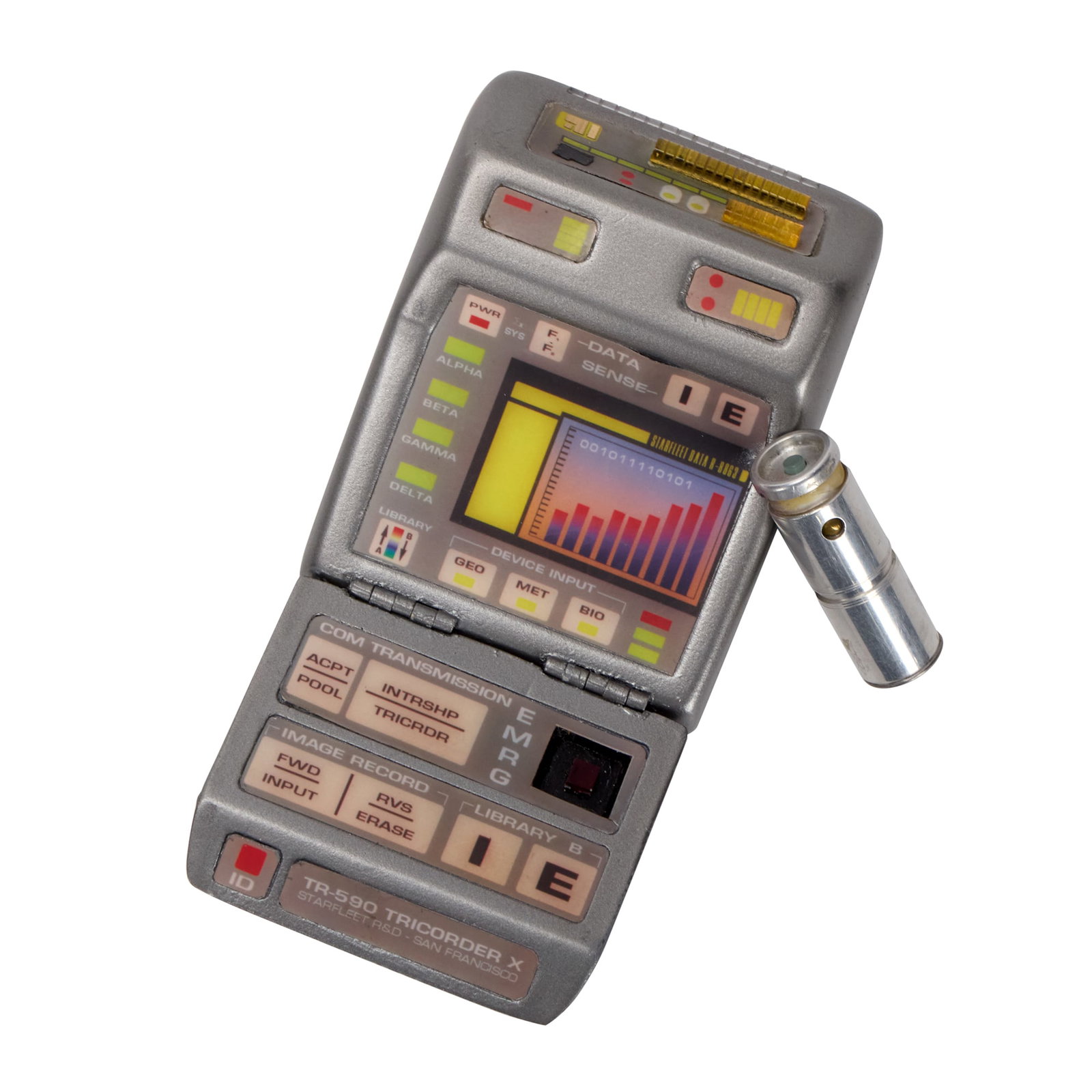 Star Trek: First Contact | Starfleet Mark X Static Medical Tricorder with Scanner Prop: A foldable Starfleet TR-590 Mark X static medical tricorder prop from the production of Star Trek: First Contact (Paramount Pictures, 1996). Includes a removable medical scanner prop. The tricorder